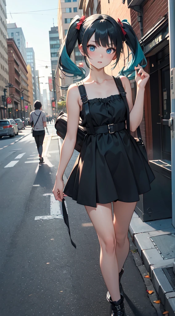 ((masterpiece, best quality))1girl, solo, black sun dress, blue eyes, double ponytail, long hair, music, one side up, teal hair, twin tails, guitar case on her back, walking the afternoon street 