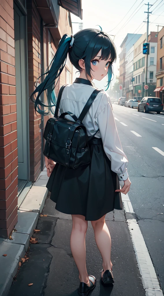 ((masterpiece, best quality))1girl, solo, black sun dress, blue eyes, double ponytail, long hair, music, one side up, teal hair, twin tails, guitar case on her back, walking the afternoon street 