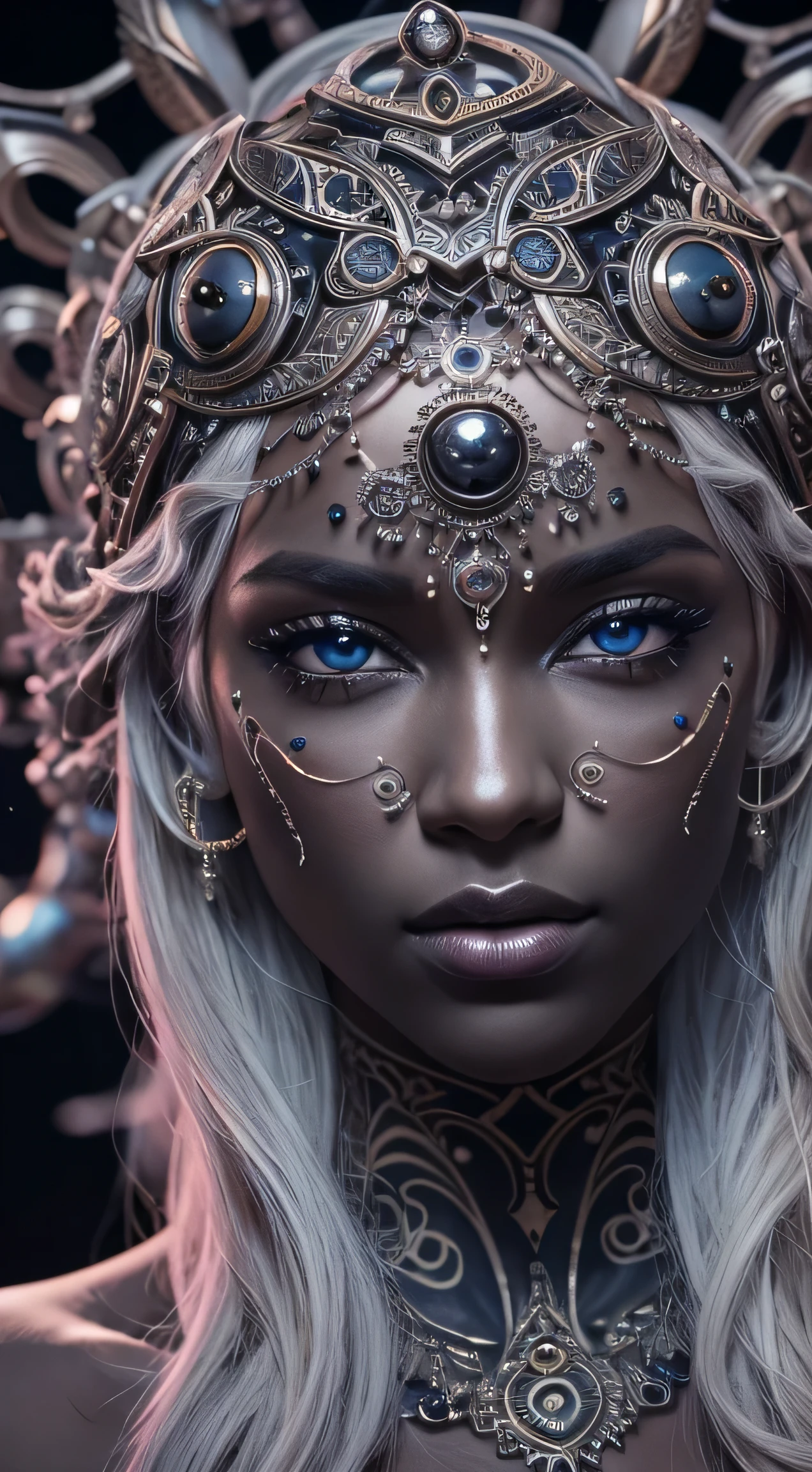 (((full body shot))), thigh gap, perfect body,(best quality,ultra - detailed,Most Best photograph,Best Shadow,masterpiece,high resolution,professionalartwork,famousartwork),(Detailed eyes,beautiful eyes),(Depiction of cleavage),sci-fi,(((Black and beautiful eyes,Black eyes)))、face markings,tattooed,(fractalized,Fractal Eye),largeeyes,wide eyes,Eye focus,((Details of face)),the eye of the universe,Metal sculpture depiction of woman with moon in hair,goddess, extremely high detail,Highly detailed footage of the goddess,Side image of the goddess,Goddess of Hecate,portrait of a north moon goddess,goddess of space and time,((masterpiece, top-quality, ultra-definition, high resolution)),4K picture quality,(Extraordinary Beauty),