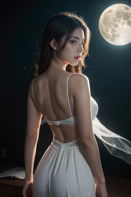 Best quality,masterpiece,ultra high res,(photorealistic:1.4)1girl, (naked:1.2), thighs,long hair,black hair,holding,(orange mist background with glowing moon:1.1),solo,arm guards,simple background,looking at viewer,black eyes,eye liner,tabi,floating hair,upper body, (skimpy kimono), (transparent mouth veil:1.3), (foggy, mist) medium breasts,