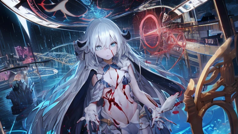 2 garotas ,cabelo branco, olhos roxos, magic circle, Papel de parede ecchi, paisagem, sangue, sangue splatter, noite, raios de luz, side lighting, saia, coxas, toplass
