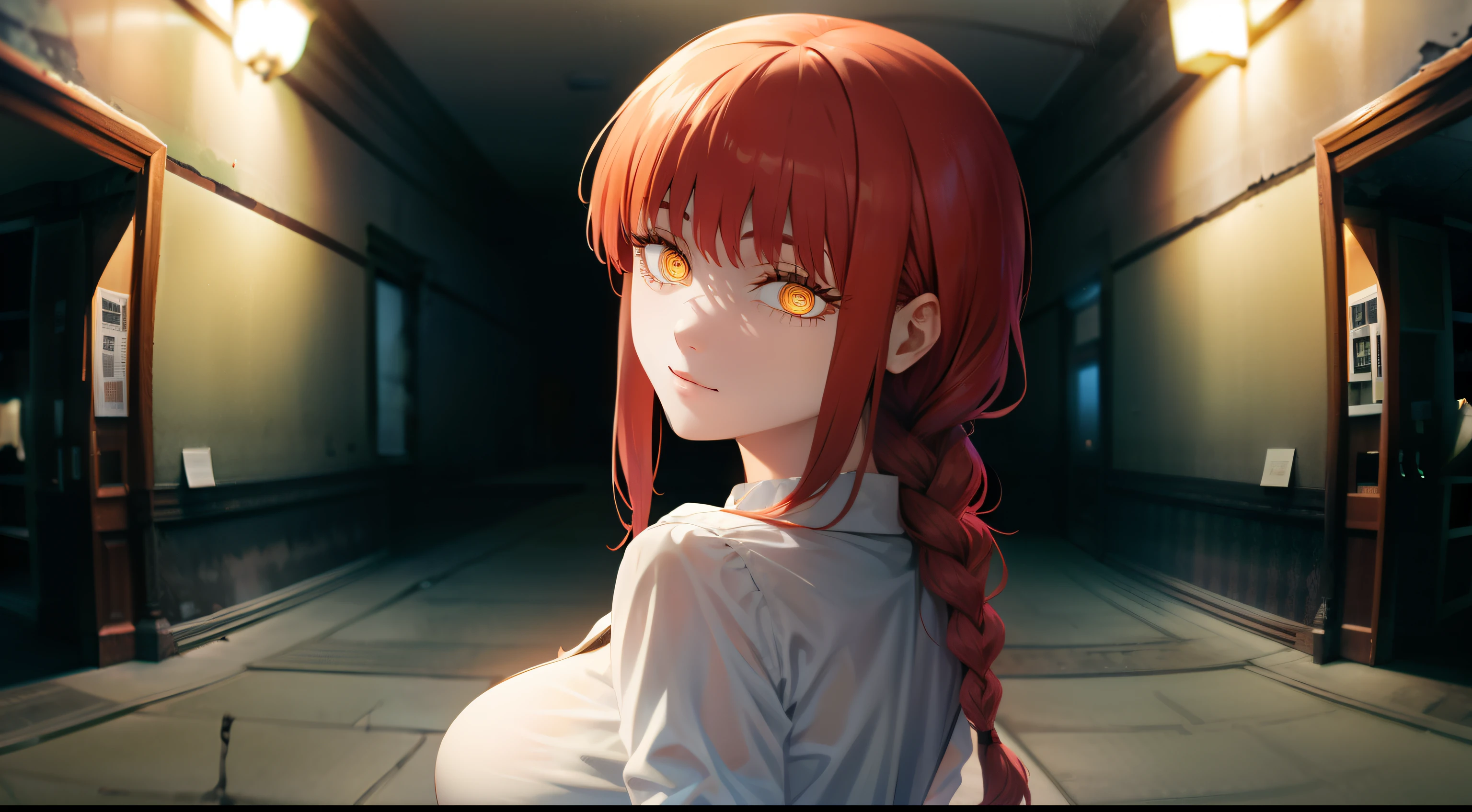 naked body, A ruined building, Forward bends, stooping forward, white shirt, black tight pants, sexy body, teats, bare buttocks, beautiful breasts, bare buttocks, waist, tmasterpiece, beste-Qualit, portraite of a, a 1girl,makima \(chainsaw man\), solo, standingn, redhead hair, hairlong, braided, (bright glowing eyes: 1.4), (golden eyes: 1.3), dilated pupils, quiff, Average Breasts, white shirt, tie, opinion, ssmile, looking a viewer, (interview:1.3), hight resolution, (facial focus:1.4), (gaze at the viewer:1.15), (black backdrop,)