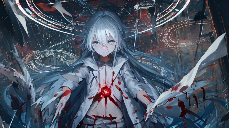 1 garota peituda, cabelo branco, olhos roxos, magic circle, Papel de parede ecchi, paisagem, sangue, sangue splatter, noite, raios de luz, side lighting, saia, coxas, toplass