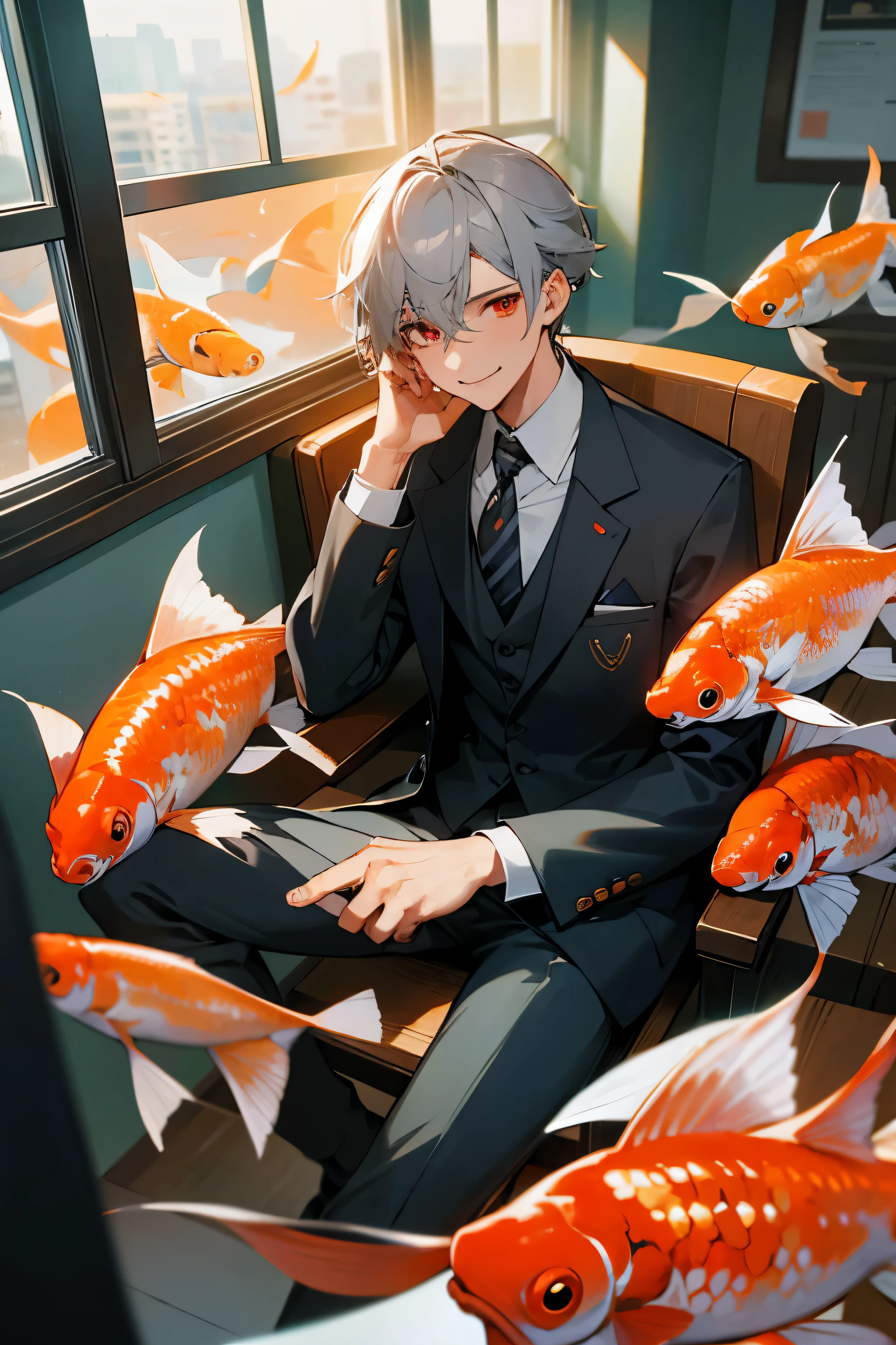 handsome young guy, gray hair, Red eyes, sitting in the office, is a teacher, dressed in a suit, he&#39;s wearing a jacket, smiling at the camera, looks at us, against the background there is a window and 2 small koi fish swimming