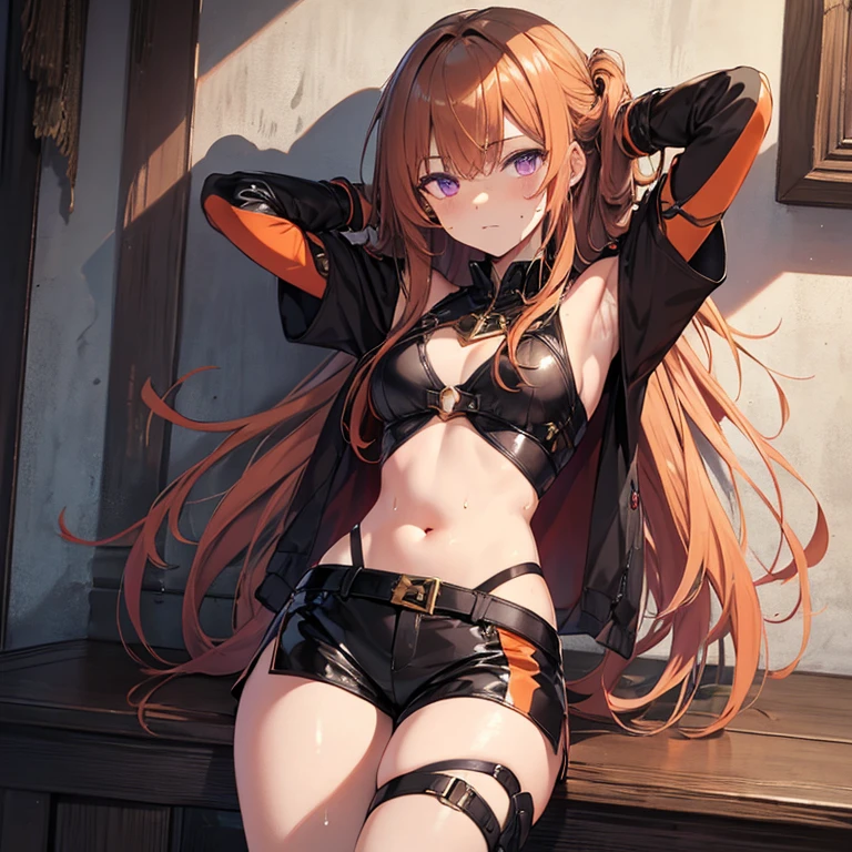 Latex girl lustful smirking smile red blush red cheeks, chain leash, kneeling, shackles, leather black collar slave, 2 high ponytails