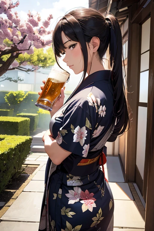 (8K), (best quality), (muste piece: 1.2) Japan House-Garden、Man drinking beer、A woman with her arms folded looking at the man from behind
