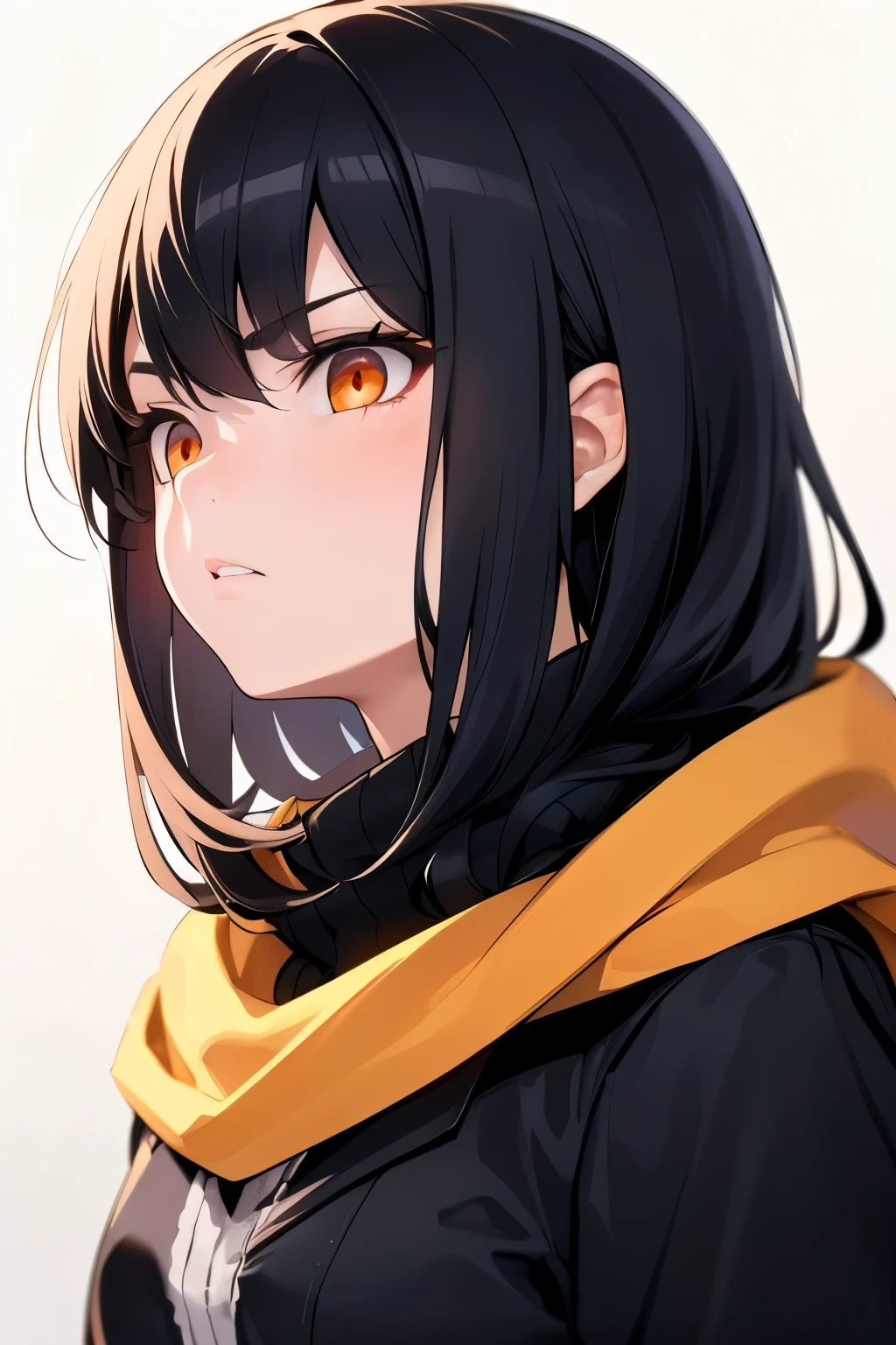 1girl,black hair,yellow eyes,long hair,braided ponytail,hair ween eyes, chain,grin,black shirt,ringed eyes, csm anime style