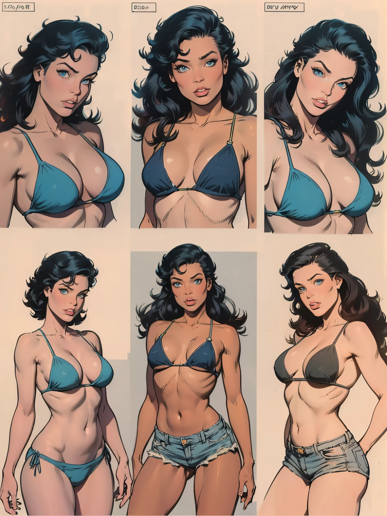 (high quality, best rendering), (beautiful girl), Blue Eyes, ((black long straight hair)),(bombshell, pin-up style), psychopath, crazy face, sexy pose, jean short shorts, tank top, pastel, centered, scale to fit dimensions, micro thong, micro bikini, camel toe(([simple grey background ]))