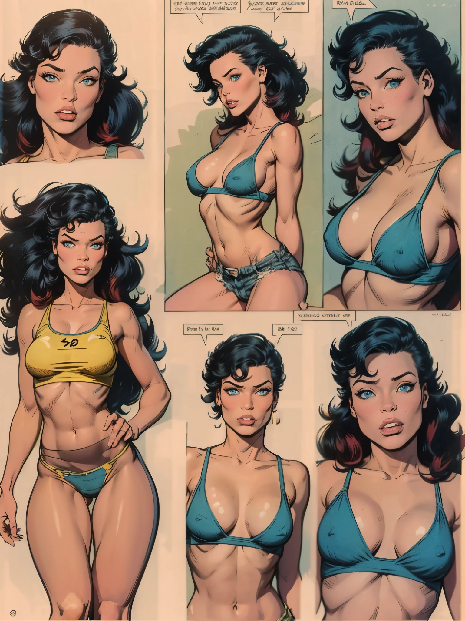 (high quality, best rendering), (beautiful girl), Blue Eyes, ((black long straight hair)),(bombshell, pin-up style), psychopath, crazy face, sexy pose, jean short shorts, tank top, pastel, centered, scale to fit dimensions, micro thong, micro bikini, camel toe