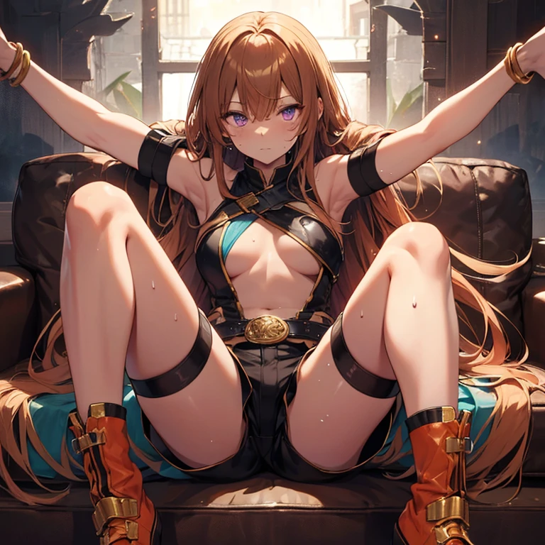 Masterpiece, 4K, Best Quality, purple eyes, long orangish hair, golden brown skin, medieval period chest wrap, latex Shorts, legs spreading out wide, hand down front of shorts, master baiting, Arms Crossed Cool Expression Sweat Miwaki, Amazonian beauty