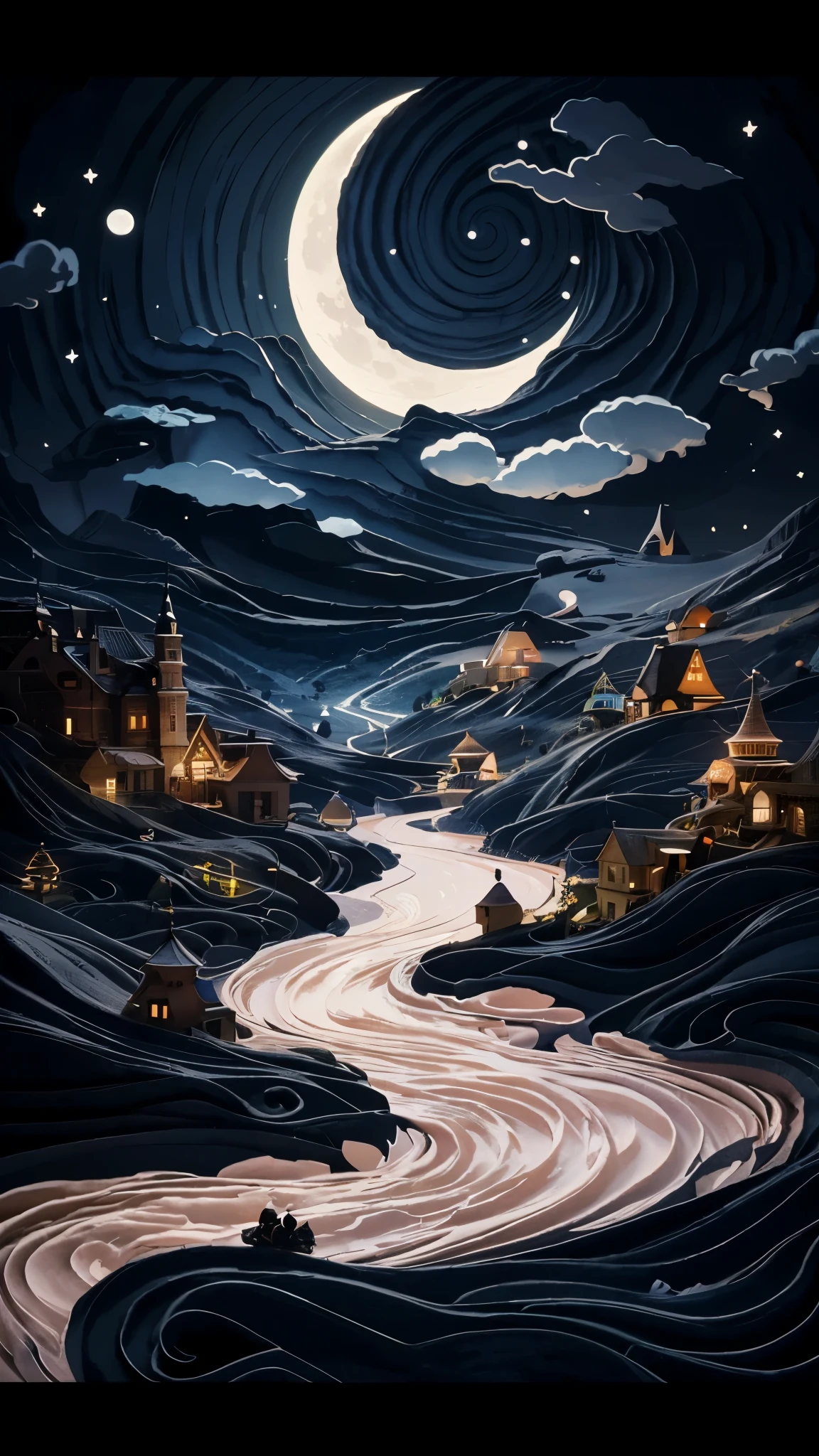 A painting,There is a river in the painting,The moon and a mountain in the background, Detailed dreams, complex numbers, Dark yet detailed digital art, Dreamy, Great digital art and detail, calm night. digital illustration, The art of layered paper, Whimsical fantasy landscape art, Complex 3D illustration, fantasy illustration, complex numbers艺术作品, digital complex art