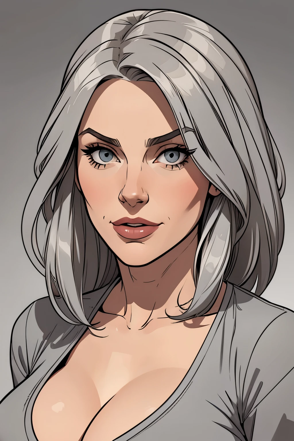 Flat colors, close up, portrait of a women, natural beaty, beautiful, casual, large fake breasts, clevage, light grey hair,
simply dark grey background 