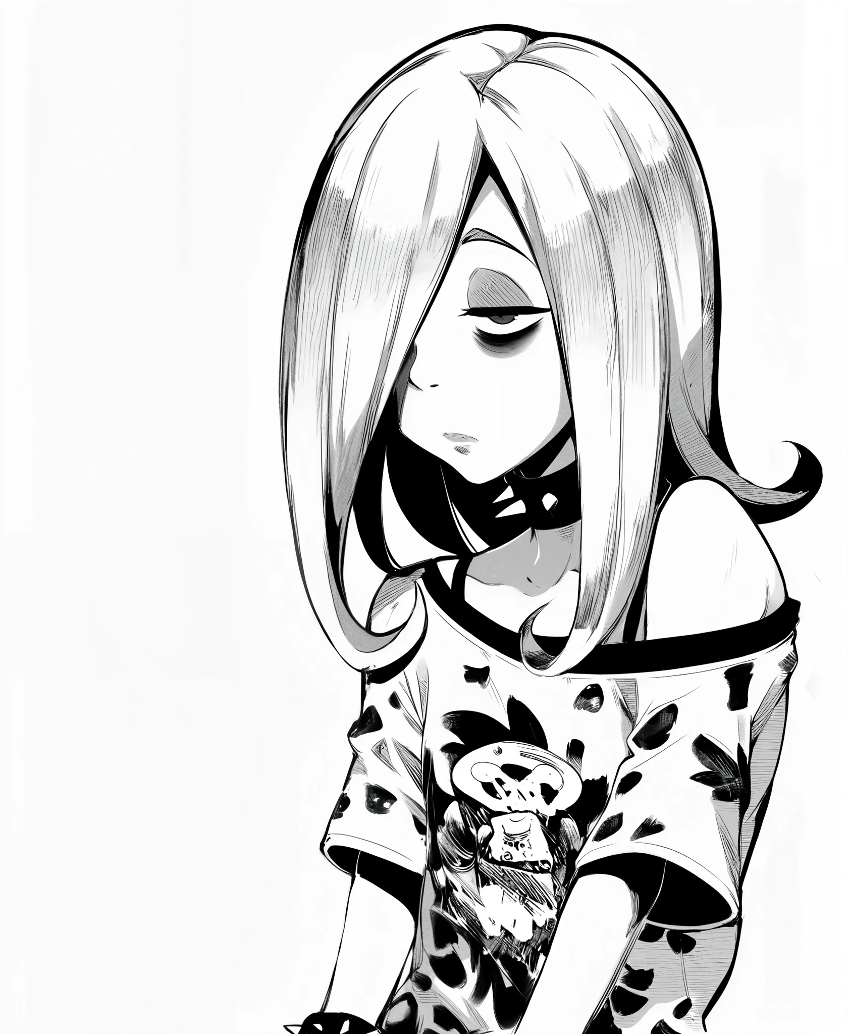score_9, score_8_up, score_7_up, score_6_up, geewhy_style , monochrome, greyscale BREAK
1girl, sucy manbavaran, solo, long hair, shirt,bare shoulders, jewelry, choker, off shoulder, nail polish, hair over one eye, collar, bracelet, makeup, casual, t-shirt, black nails, spikes, eyeshadow, off-shoulder shirt, bags under eyes, print shirt, spiked bracelet, simple background, white background,