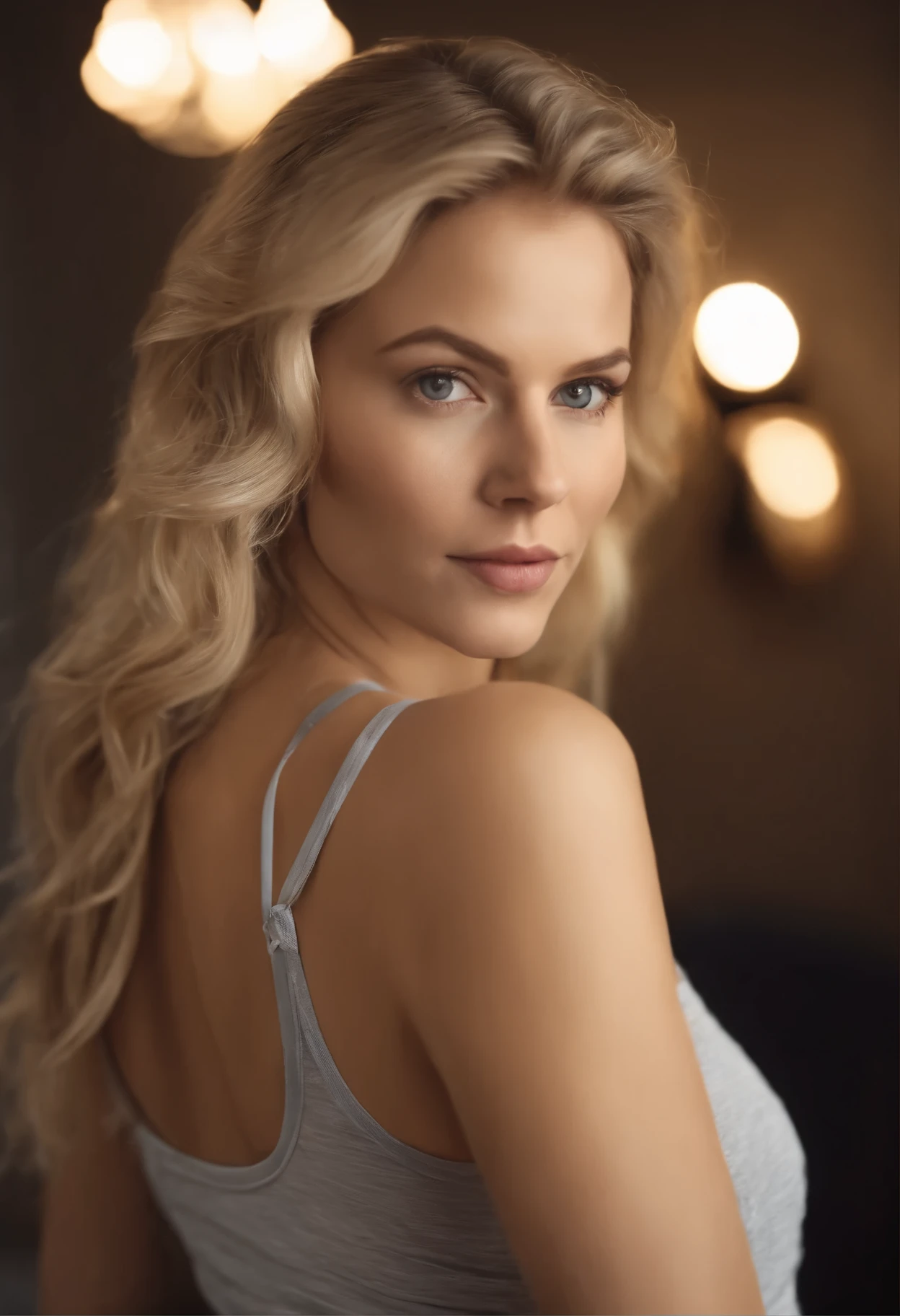 woman with matching tank top and panties, fille sexy aux yeux gris bleus, Portrait de Katherine Winnick, cheveux blonds et grands yeux, selfie d&#39;une jeune femme, maquillage naturel, Visage avec Artgram, maquillage subtil, Superbe photo du haut du corps, dans la chambre, poitrine moyenne, blond, teint clair, type nordique, regarder face à la caméra, realistic cinematic style 