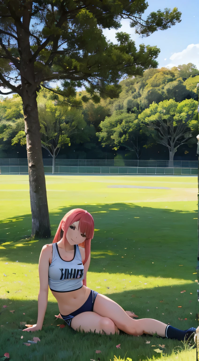 Nino Nakano riendo,pose sexy,ropa deportiva,sudor,field with trees