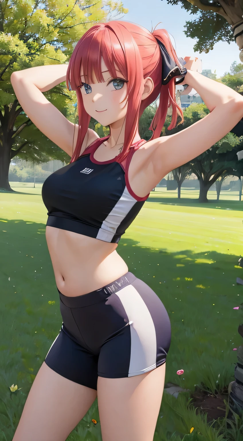 Nino Nakano riendo,pose sexy,ropa deportiva,sudor,field with trees