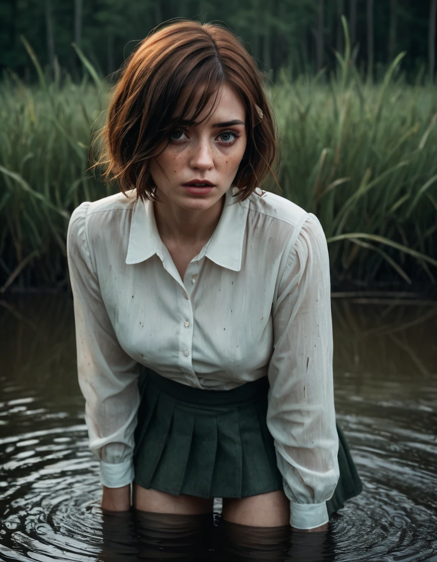 A woman with expressive wrinkles and a bob haircut wearing a skirt and a light blouse is drowning standing in a bog. ((freckles)), She wears stockings and her face shows a detailed portrayal of despair. The atmosphere carries an ominous vibe, as if she is trapped in a dangerous situation, facing imminent doom. The focus of the image should be on the woman's detailed eyes and face, capturing the depth of her emotions. The quality of the image should be the best, with a resolution of 4K or 8K, emphasizing ultra-detailed features and a realistic or photorealistic style. The colors should enhance the gloomy and foreboding atmosphere, while the lighting should create a dramatic effect, illuminating the woman's face in a haunting manner.