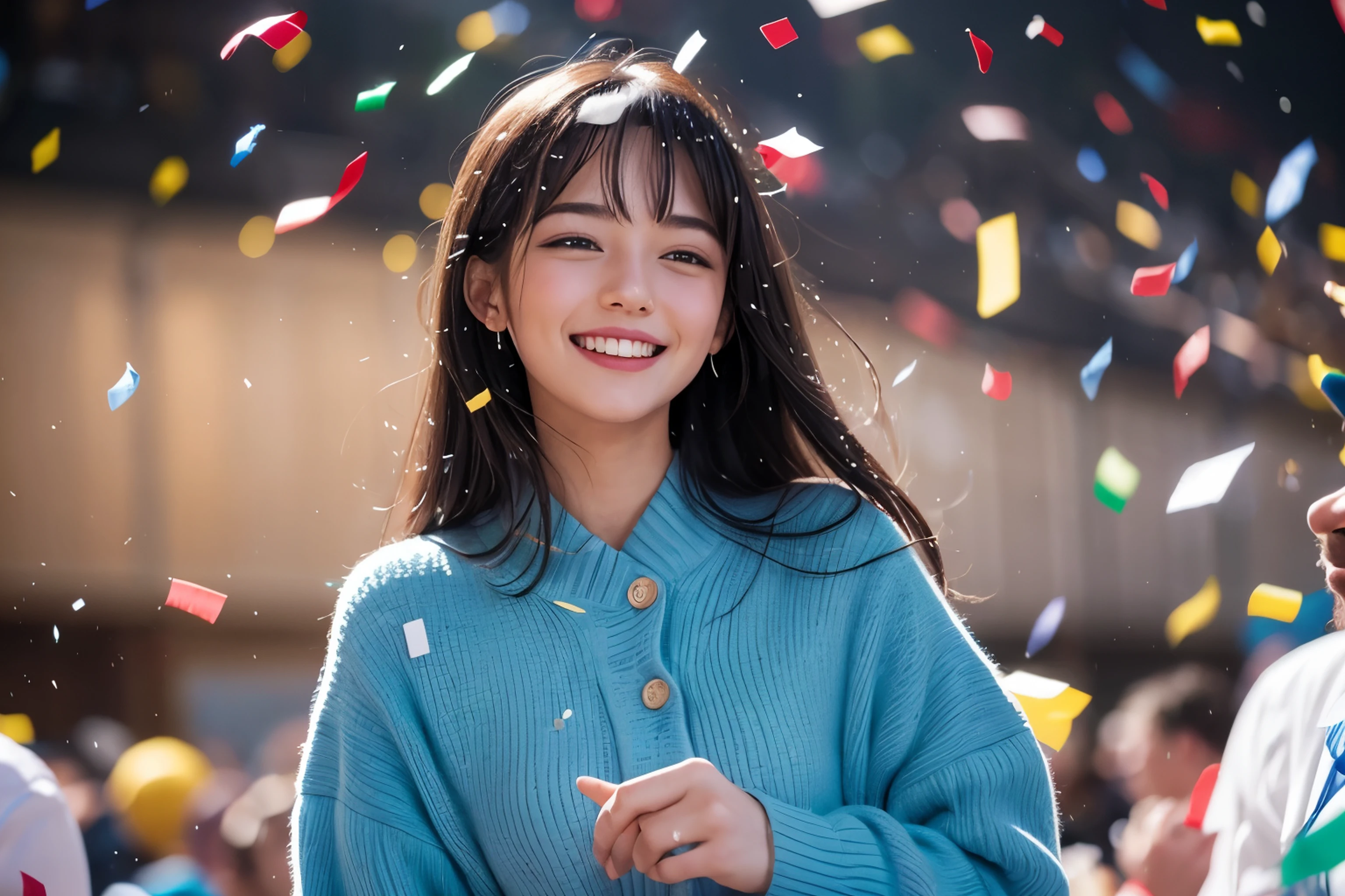 stock photo, a man is smiling as confetti rains down all around her