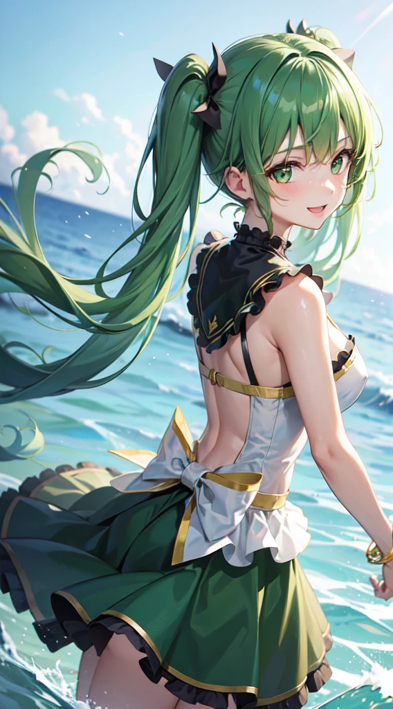 1girl, solo, hair ornament, green hair, twintails, long hair, dress, water, splashing, smiling, back turned, up skirt 