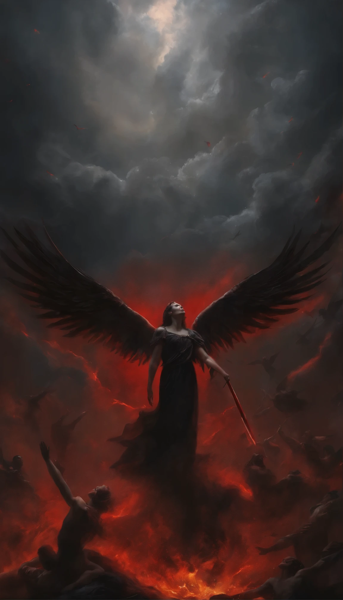 A impressive angel, black opened wings, thin body, holding a dark sword, black long hair, divine light coming from sky, red dark light from below, people dying in the ground, angels flying in the sky, renaissance style, HDR, dualism., Oil painting, vivid, 8k, 12 people, fallen angel.