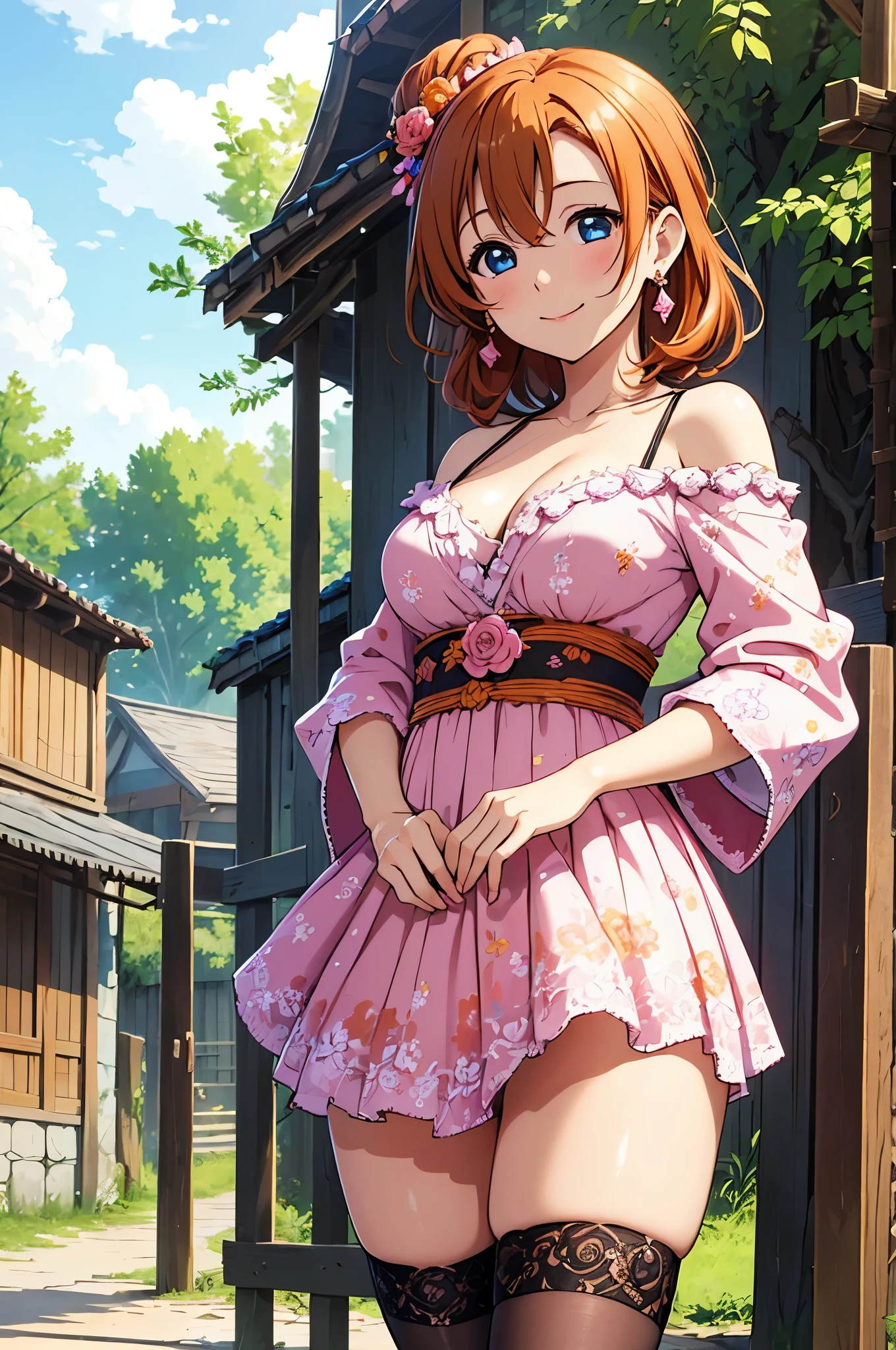 (Masterpiece, Best Quality, High Quality), professional artwork, well drawn, Intricate Details,solo,in village Kousaka honoka, afternoon , ultra detail hair, ultra detail face, perfect eyes, earring, Looking at Viewer, pink clothes , off shoulder kimono, cleavage, thighhighs, (thighs), thighs gap,dark orange hair , standing, smile 