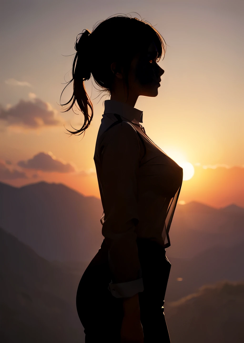 (best quality, masterpiece, high resolution:1.1),Use natural light and color, hyper detail clothes, high detailed anime image, cinematic light, 1 female , (silhouette of body:1.4),(transparent shirt:1.1), against light, erect nipples ,side view
