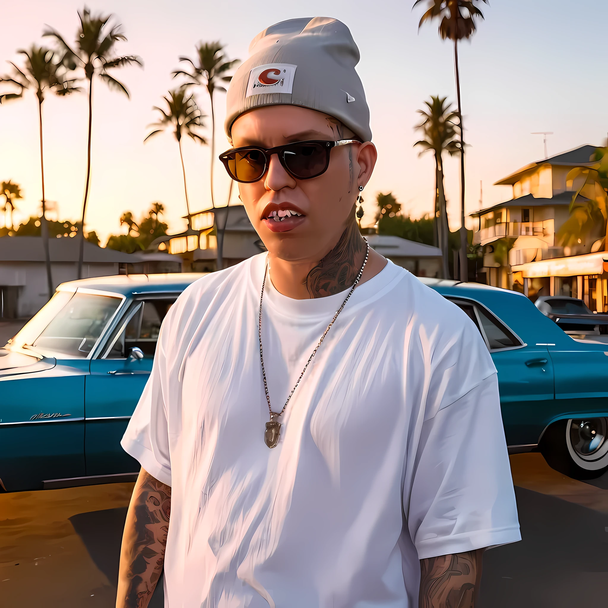 coopie, a 90s style west coast gangster with tattoos on face, tattoo over left eye, wearing white t-shirt, backwards hat, baggy tan khaki pants, white sneakers, face tattoos, neck tattoos, full body, tattoos, wearing a beanie and sunglasses, snarled lip, raised eyebrow, aggressive look, lowriders in the background, lowrider bikes in the background, depth of field, god rays, masterpiece, highres, super detail, accurate, no red, no blue, no purple, no yellow, palm trees, beach sunset, multiple views
