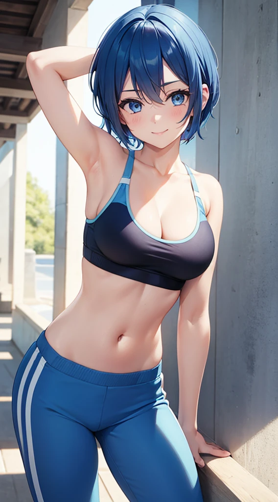 16K、masterpiece、High resolution、((18-year-old female))、Very large 、(((thin, A skin-tight blue sports bra))、((青くthinスポーツレギンス))、Seductive look、((Put your hands on your hips))、Very close、Angle from below