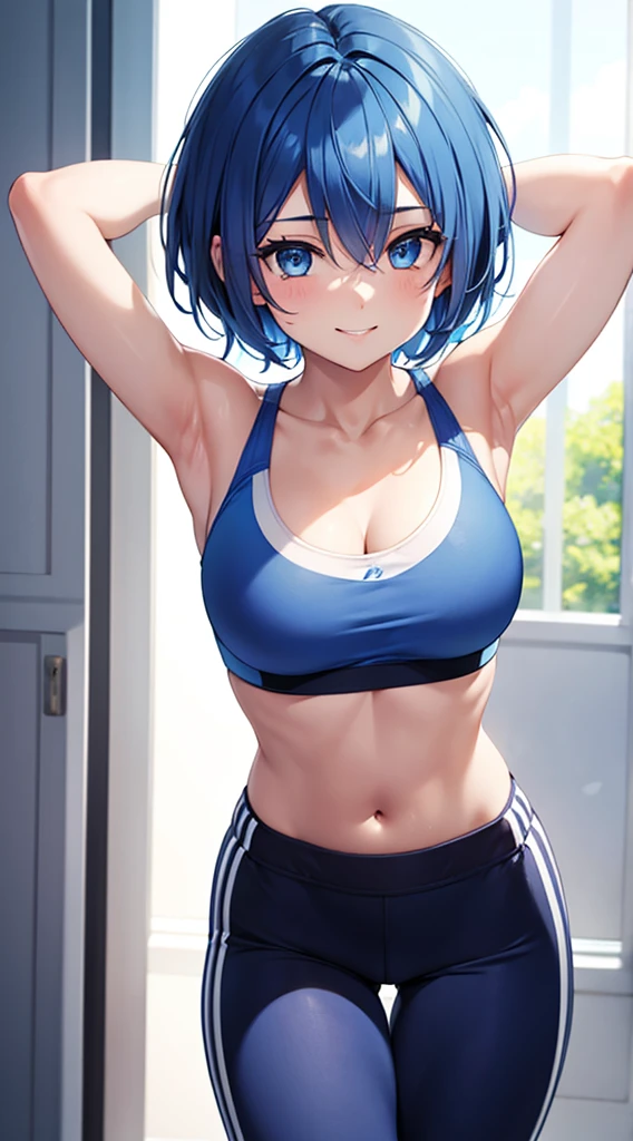 Girl short hair Blue hair Blue eyes Blue matching Smile confidently Correct limbs, leaning forward, sports bra and pants, arms behind head