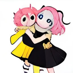 pink haired girl with blue eyes, black and yellow headphone, yellow and black dress, hugging tuna
