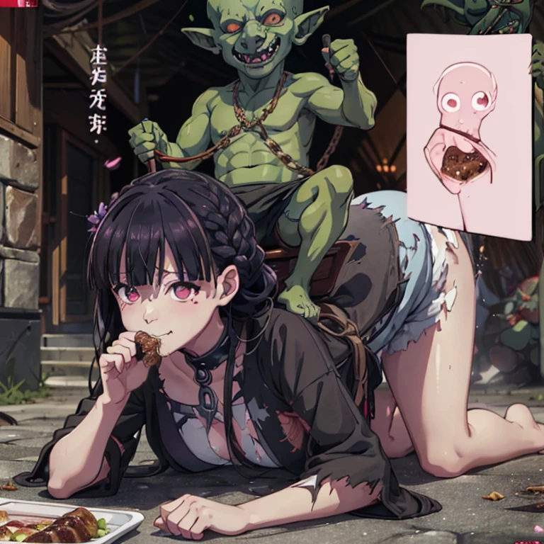 masterpiece, (((goblinriding, a goblin is riding a girl))), goblin, multiple goblins, goblin gangbang, goblins, (((all fours))), 1girl, (kimono:1.1), (nose hook), reins, collar, chain, rope, obey, (((happy trance, smile, proud face, happy face))), hair ornaments, large breast, expressionless, emotionless, blank eyes, empty eyes, mind control, cave background, MIYO, hair ornament, mole, mole under eye, black hair, long hair, purple eyes, hair over shoulder, (((torn clothes))), _VERY LONG BLACK HAIR WITH PURPLE REFLECTIONS_SQUARE BANGS_PALE PINK EYES_, MIYOSAIMORI, BANGS, BRAID, FLOWER, HAIR FLOWER, battle, crowd, blood splatter, fleeing, grabbing, running, foreshortening, attack, fighting, monster, glowing eyes, horror, (((eating shit, eating poop, eating dogfood))), TOP-DOWN BOTTOM-UP
