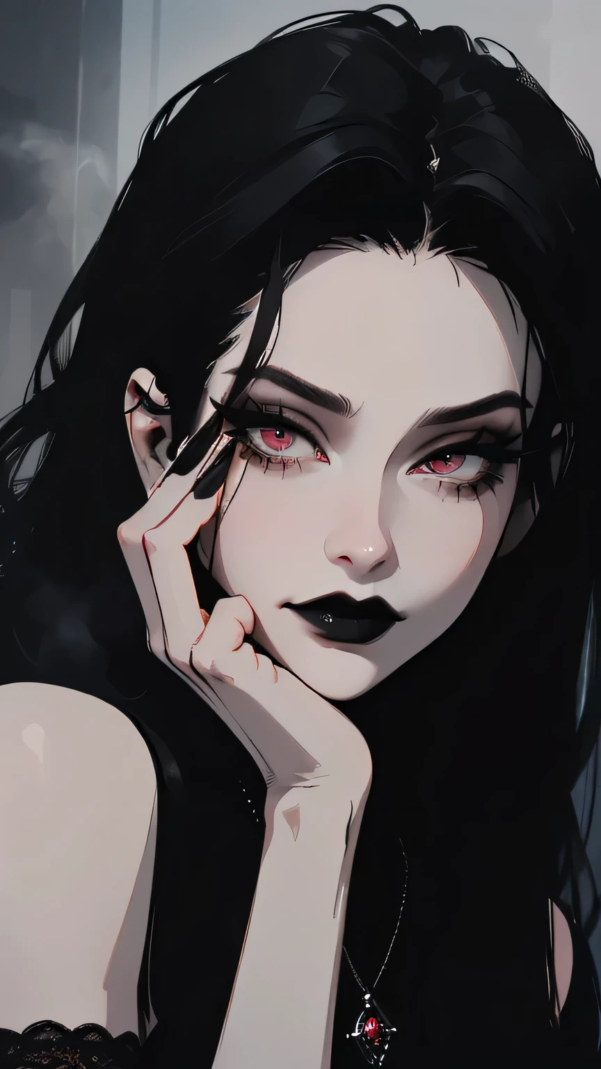 (best quality,4k,8k,highres,masterpiece:1.2),ultra-detailed,(realistic,photorealistic,photo-realistic:1.37),woman,black lipstick,red eyes,black and white long hair,smoke,42 years old,long black nails