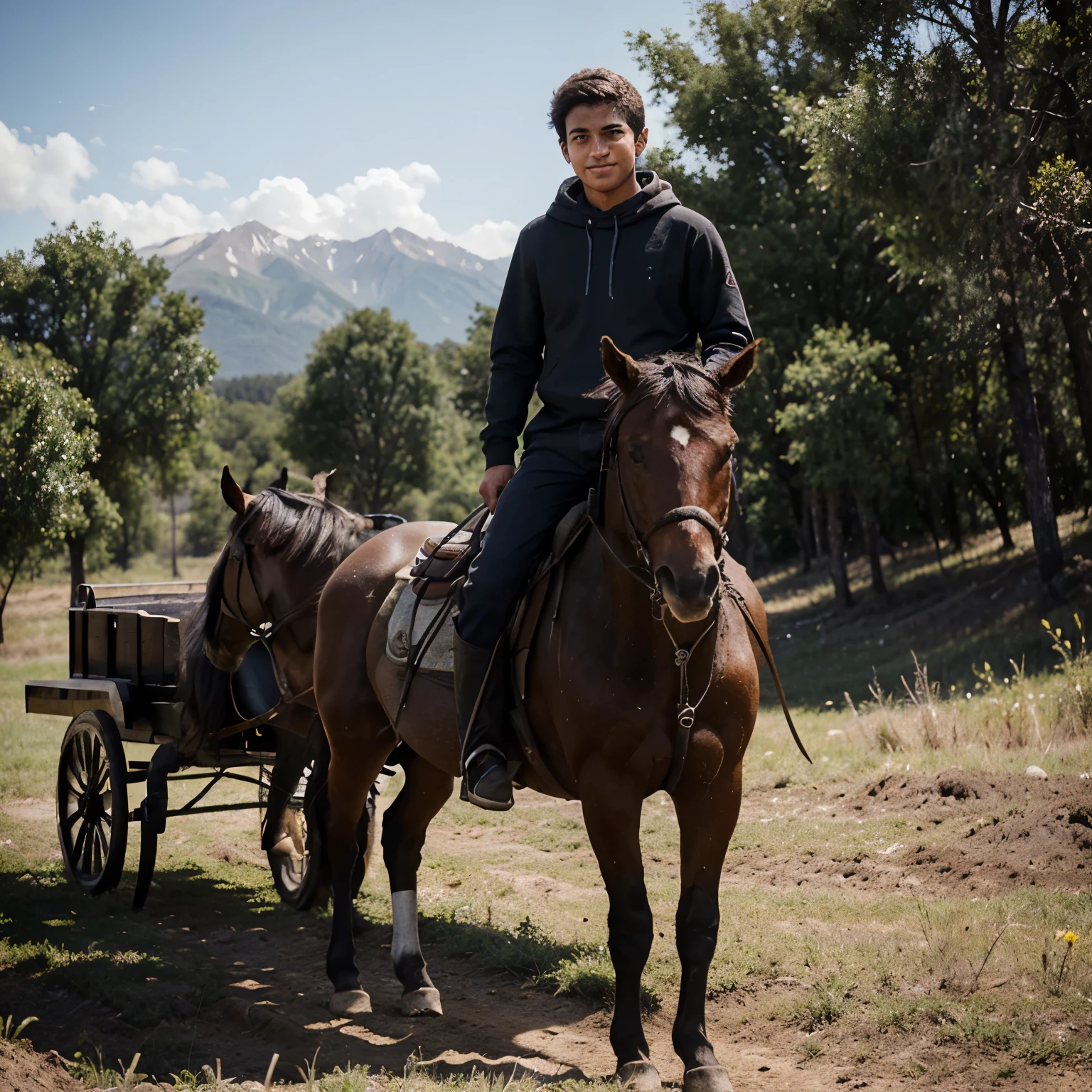 Faca uma foto de um garoto preto de 16 anos montado em um cavalo, em um campo aberto com montanhas de fundo (ele usas um chapeu de vaqueiro nordestino)