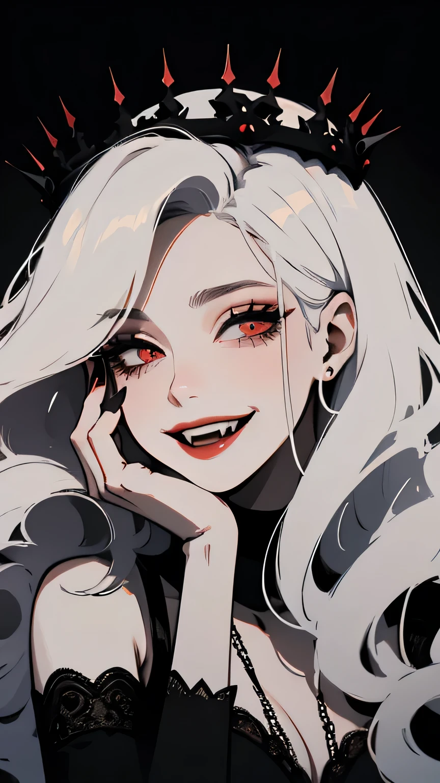 woman, Red lipstick, Red eyes, white long wavy hair, smoke, 42 Years Old, long black nails, manic smile, Cocktail Dress