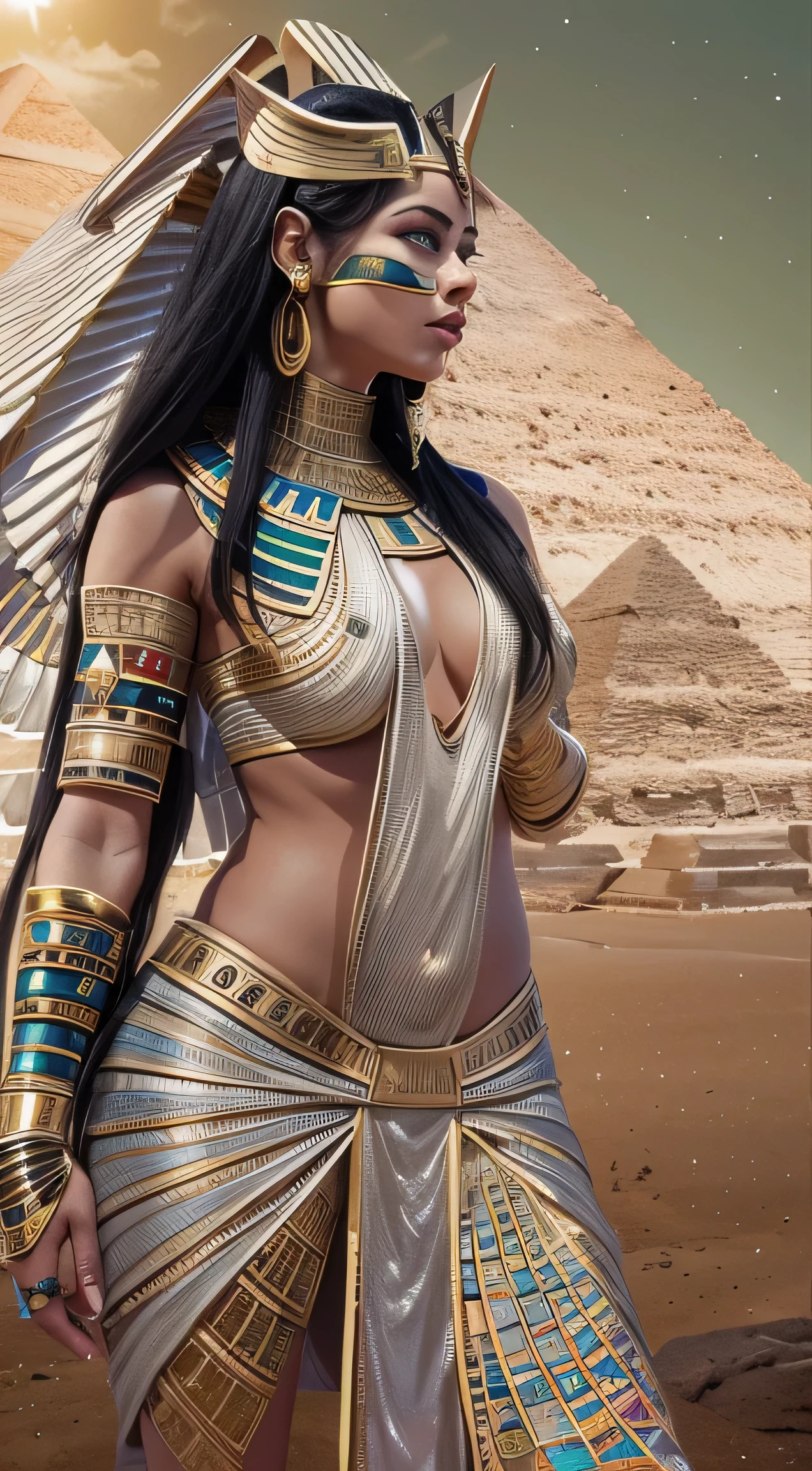 (((full body shot))), thigh gap, perfect body,(best quality,ultra - detailed,Most Best photograph,Best Shadow,masterpiece,high resolution,professionalartwork,famousartwork),(Detailed eyes),(cleavage),sci-fi,face markings,tattooed, (fractalized,Fractal Eyes,((Details of face),egyptian goddess, ancient goddess, extremely high detail,Highly detailed footage of the goddess, black hair, square cut hair, fitted white dress, egyptian jewels, tanned skin, brown skin, pale eyes, shiny green eyes, large eyes, pyramid in the desert, zoomed moon above