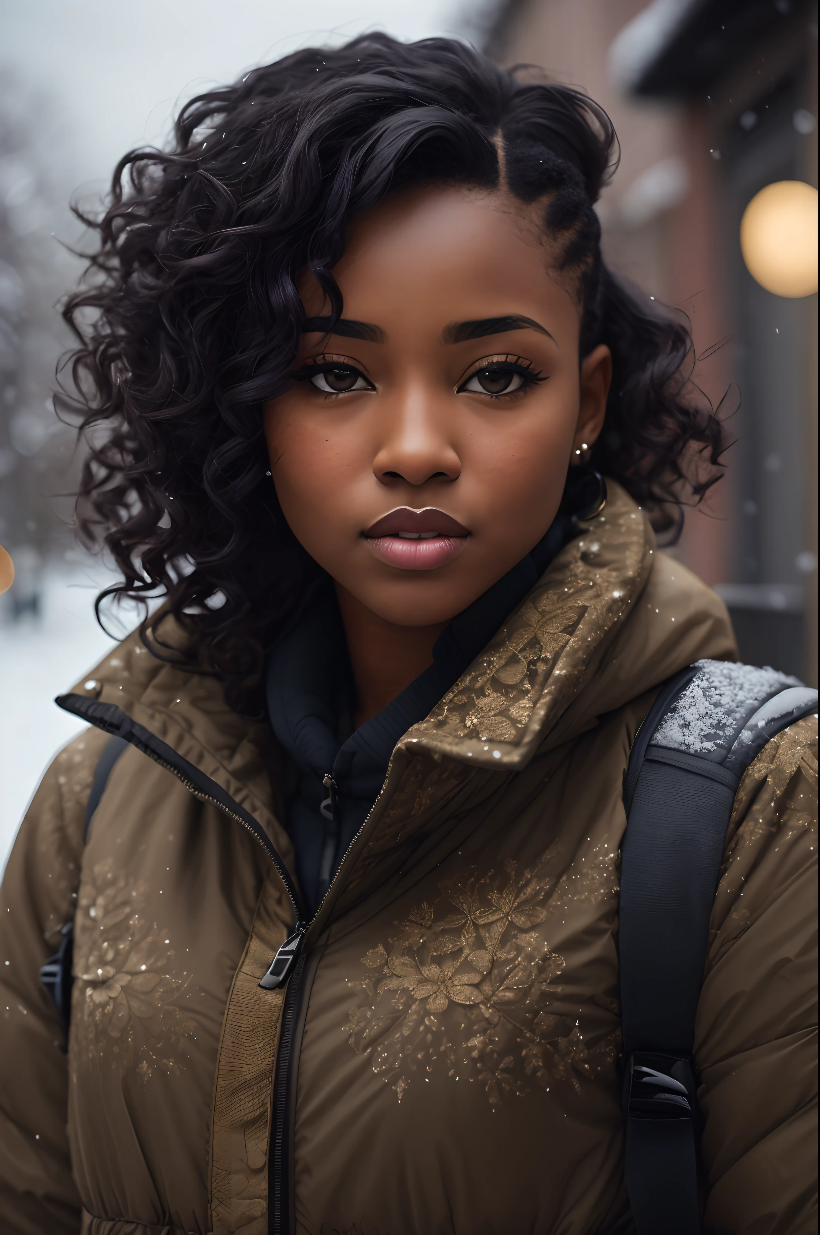mulher arafed com uma mochila e uma mochila na neve, jovem negra, beautiful city only black women, jovem afro-americana, jovem negra, a bela jovem, foto de uma linda mulher, foto de uma mulher negra, bela jovem, garota afro-americana, linda linda mulher, retrato deslumbrante, retrato em close - up, lindo retrato