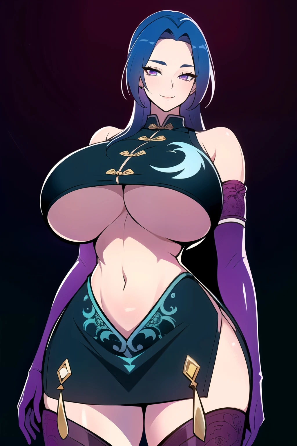 ultra realistic 8k cg, masterpiece, (( intricate detail, highly detailed, fine details best quality, hyperdetailed face)), gigantic breasts ,beautiful lighting, absurdres, BoaHancockV2, 1girl, solo, ( Blue hair), long hair, jewelry, closed mouth, ), (chinese dress, (underboob : 1.4), elbow gloves, thigh boots, split skirt, bare shoulders, curvy, midriff, curvy, thighs, shiny clothes), violet eyes, (complex detailed background, inside, luxury palace), ((cowboy shot)), curvy, (gigantic breasts: 1.1), seductive smile, cowboy shot,