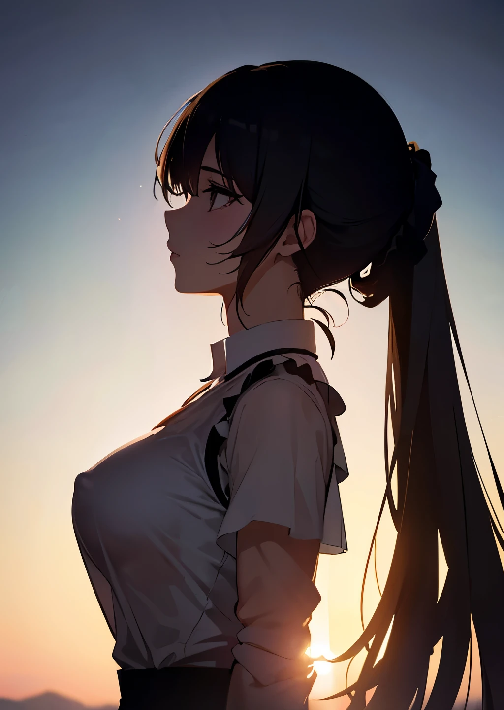 (best quality, masterpiece, high resolution:1.1),Use natural light and color, hyper detail clothes, high detailed anime image, cinematic light, 1 female , (silhouette of body:1.4),(transparent shirt:1.1), against light, erect nipples ,side view