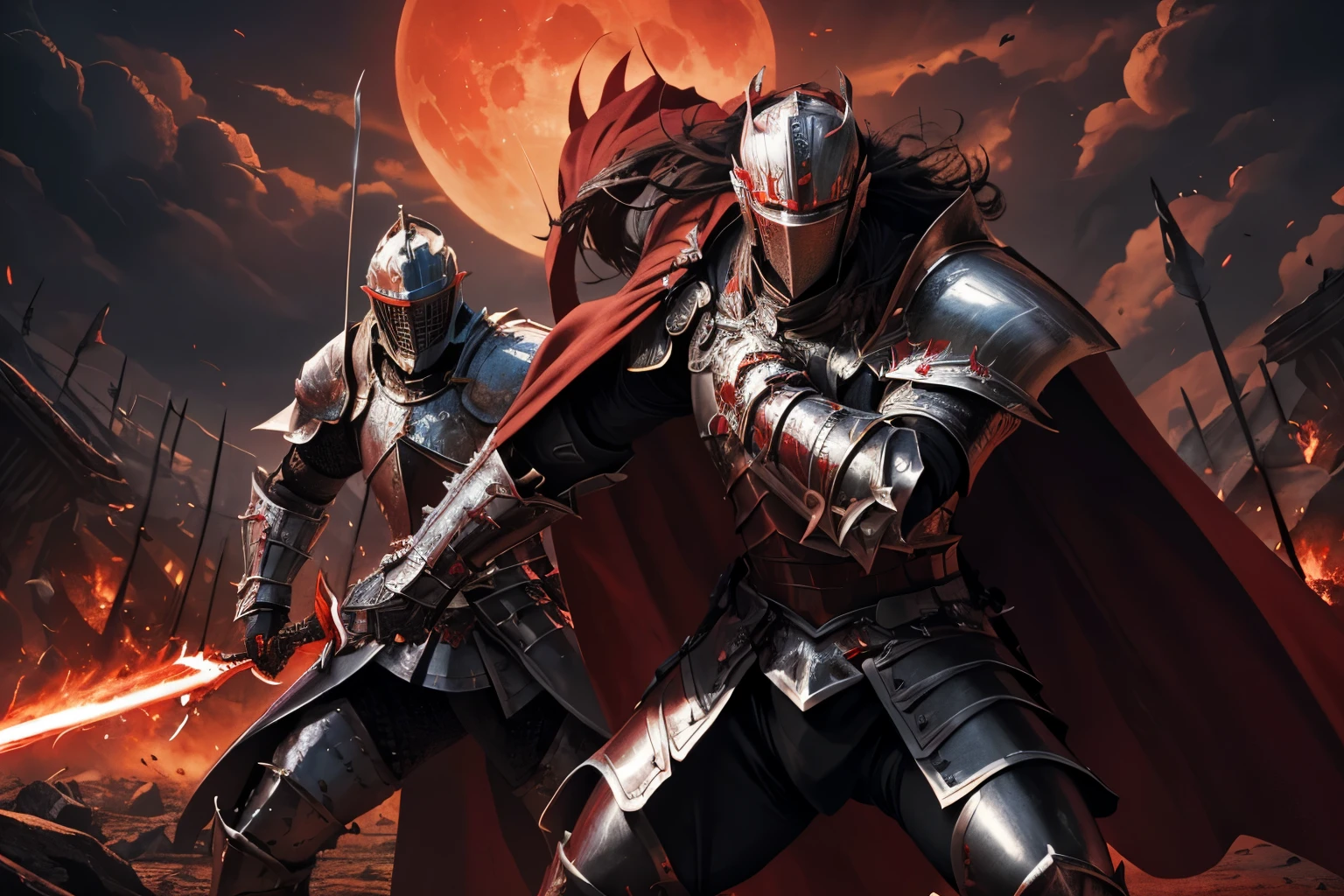 ultra-detailed,highres,masterpiece:1.2),(multiple knights:1.2) in red armors,raising crimson swords,blood scenery,crimson moon, intense battle scene, thunderous strikes, passionate warriors, glimmering armor reflections, menacing atmosphere, epic clash of steel, expressions of determination, flowing crimson cape