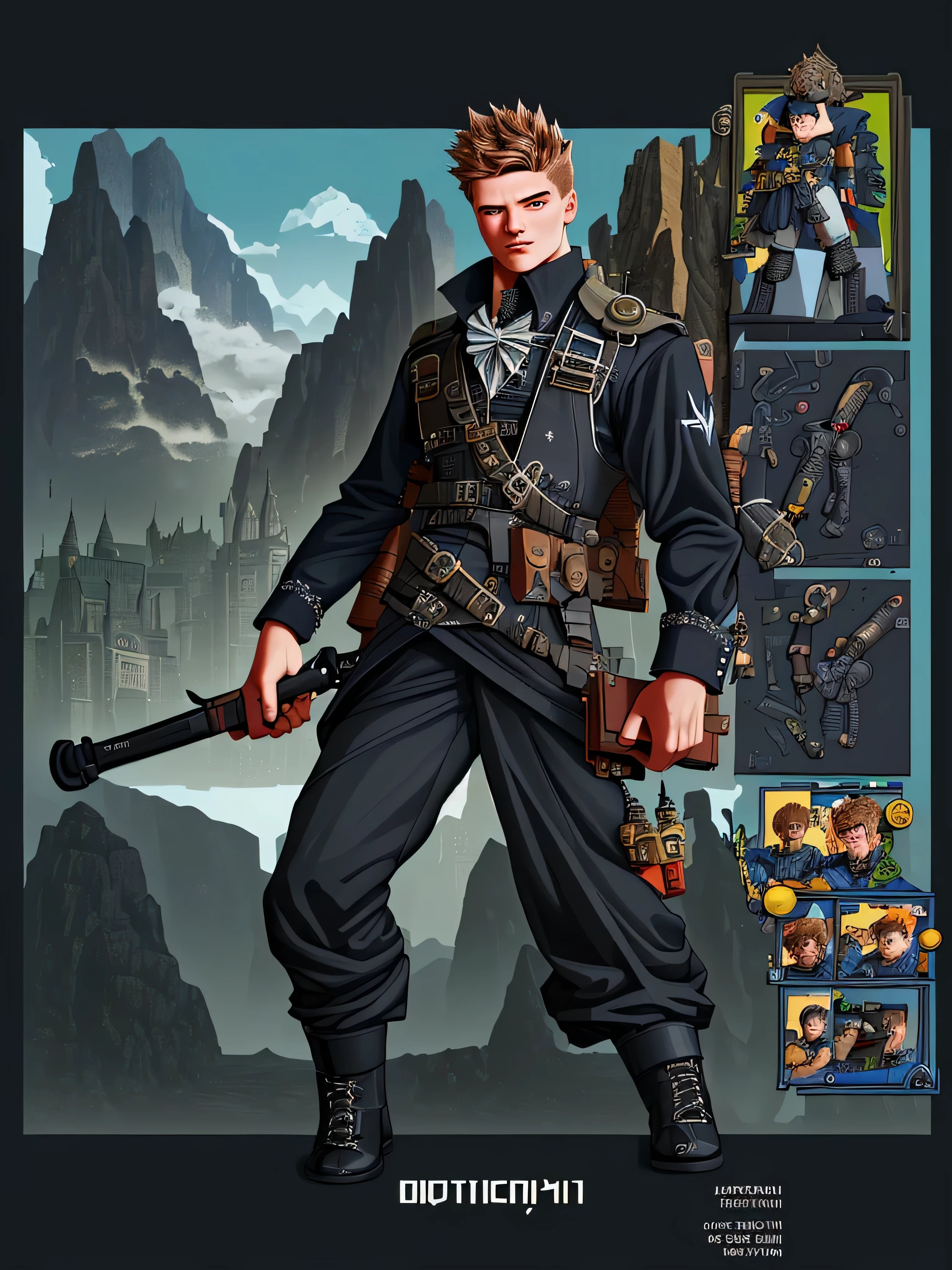 Highest image quality, outstanding details, ultra-high resolution, the best illustration, favor details, highly condensed 1boy, 19 years old, with a scottish face, dressed in an engineering uniform, wearing a gothic style costume, holding a wrench, next to the toolbox, the background is mountain locations.