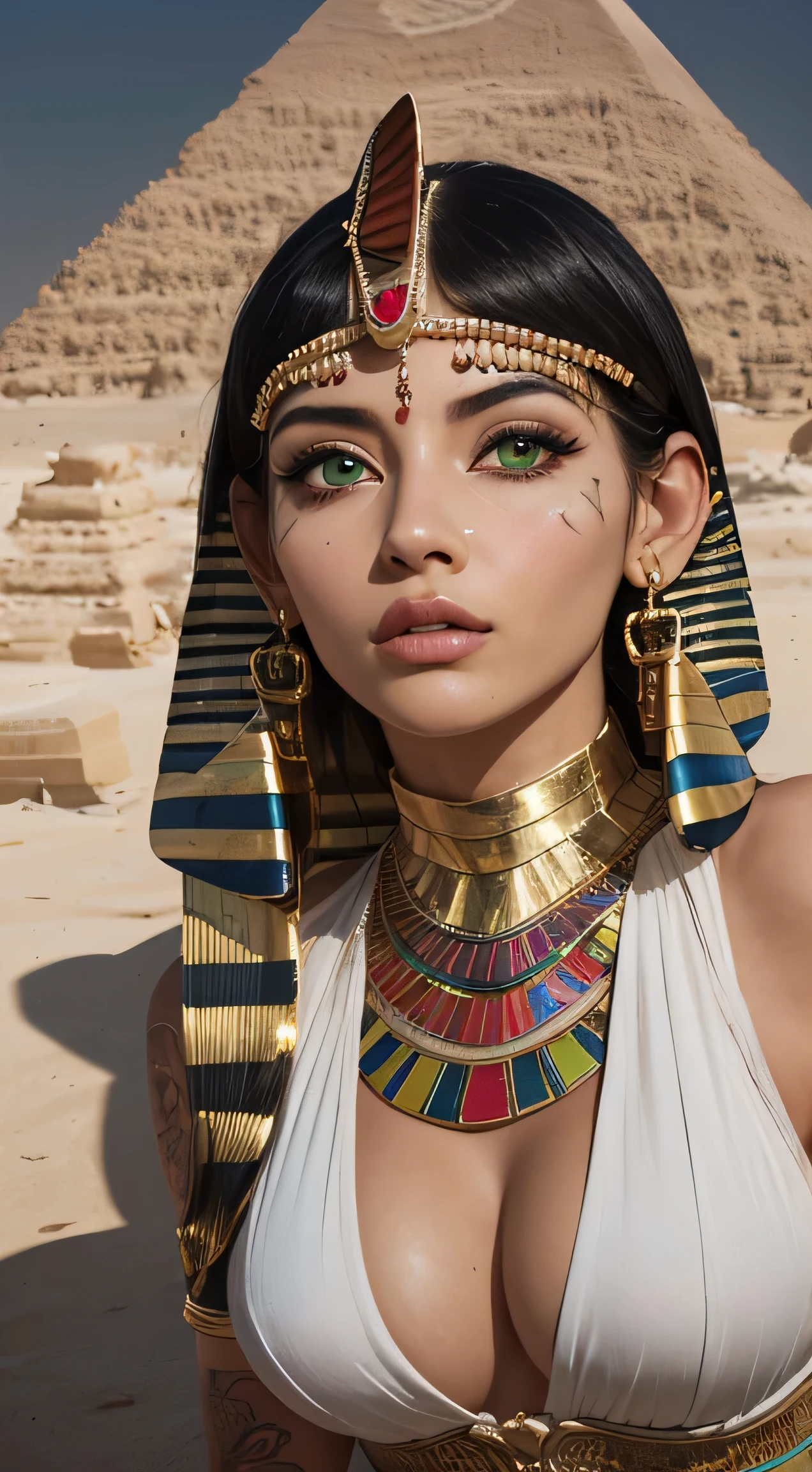 (((full body shot))), thigh gap, perfect body,（best quality，ultra - detailed，Most Best photograph，Best Shadow，masterpiece，high resolution，professionalartwork，famousartwork），(Detailed eyes)，(cleavage)，sci-fi，face markings，tattooed, (fractalized，Fractal Eyes，((Details of face)，egyptian goddess, ancient goddess, extremely high detail，Highly detailed footage of the goddess, black hair, square cut hair, fitted white dress, egyptian jewels, tanned skin, brown skin, pale eyes, shiny green eyes, large eyes, pyramid in the desert, zoomed moon above