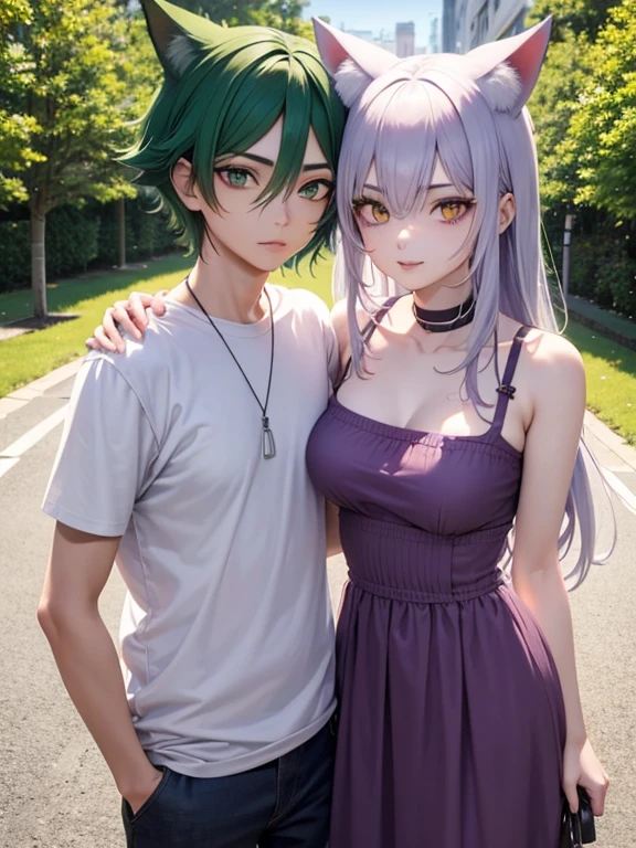 Portrait of a young, brunette couple in a warm setting, the INFJ man with rich, green hair and striking green eyes, his vibrant green attire enhancing his dark olive skin. He wraps his arm around the ENFJ woman, her deep brown skin radiant against the deep green of her dress, her glossy brown hair cascading down her back. Their bodies are pressed together, their faces filled with adoration and contentment as they share a tender moment of affection and connection