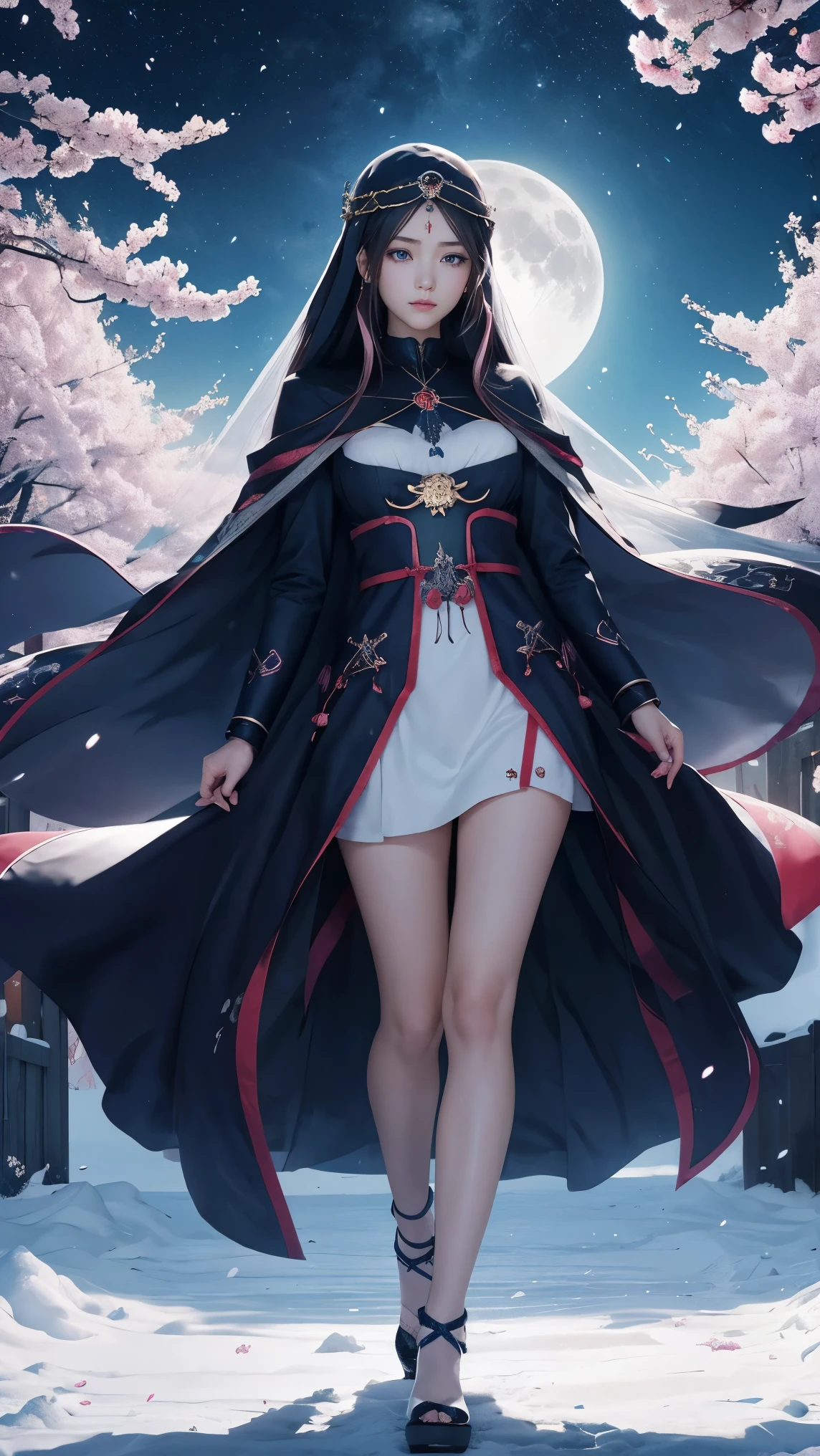 8K、Super high quality、anime、(A very beautiful female character with perfect eyes and nose)、((Beautiful clear blue eyes))、Beautiful long hair、(((full body depiction)))、(I hide my mouth and nose with a veil and perform rune fortune-telling.)、mysterious space、((six pointed star))、((facing forward))、(((I'm looking here)))、A beautiful full moon can be seen in the night sky、Surround her with a beautiful cherry blossom blizzard and colorful forest、((praying))、