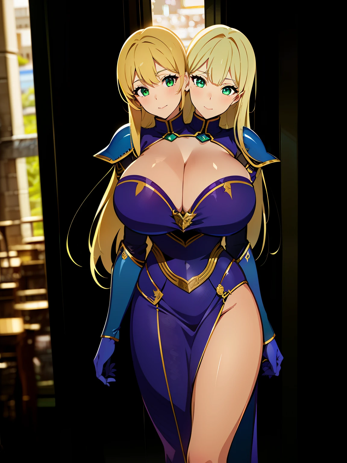(masterpiece),(ultra-detailed), (high quality), (high resolution), (best quality:1.5, highres, UHD), highres, absurdo, ultra detail, ultra quality, ((2heads:1.5)), 1girl, (long hair), (blonde hair), azul blue hair, glowing green eyes, cleavage, thighs, (purple armor), female warrior, insignia, (fully armored), (medieval outfit), armored breasts, armored chest piece, gorgeous female knight, Guild Clothes with Armor, ((mature woman)), seductive silhouette, smooth and lustrous skin, sexy proportions, slim legs, ((beautifully tall and slim woman)), futuristic city, gentle smile