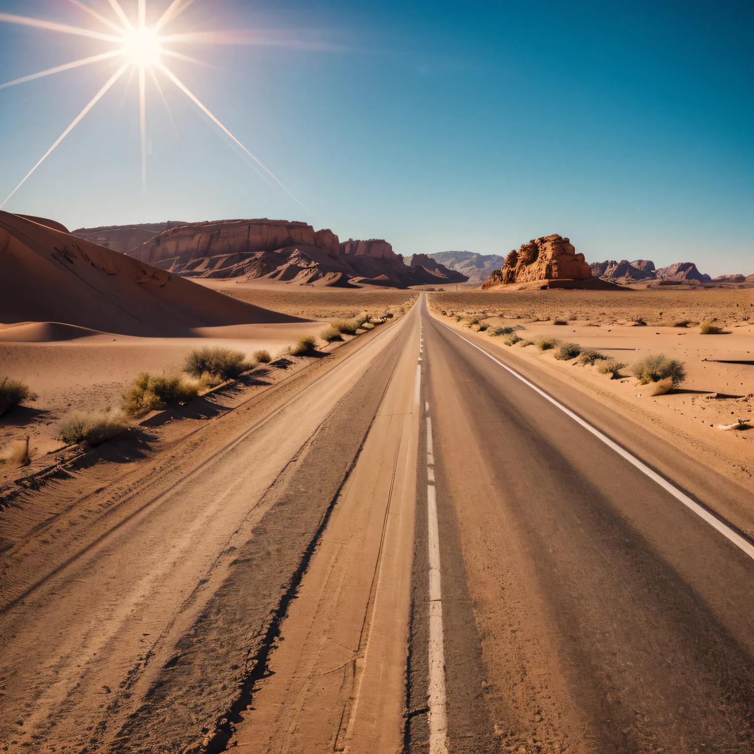realistic photos of the road through the desert in Turkey, sunny day, hot, cinematic lighting, UHD, masterpiece, super detail, high quality, highres, close up