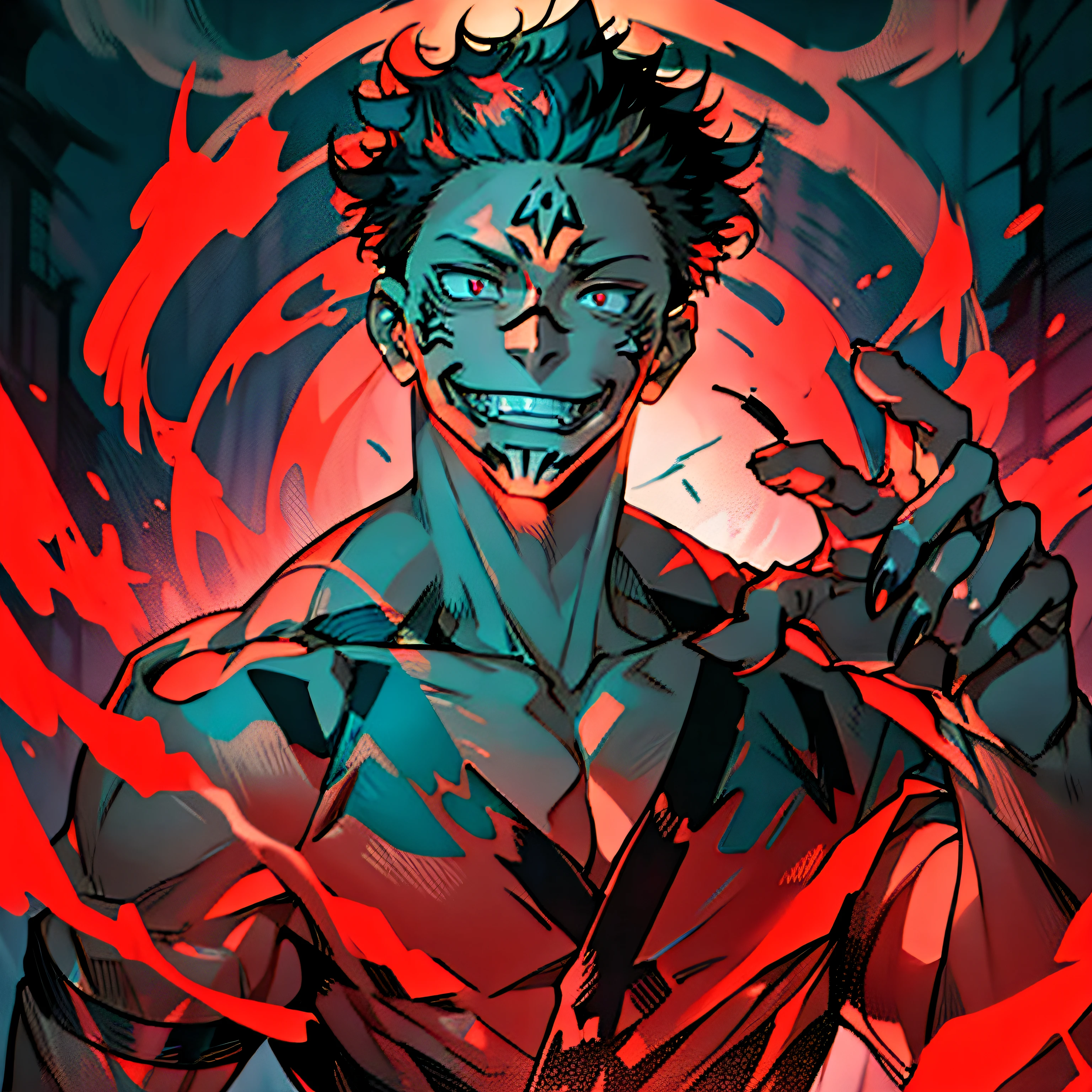 (masterpiece, top-quality:1.2) Ryomenskna (Jujutsu Kaisen), ryoumen, Sukuna, ember, Solo, 4K, hight resolution, Detailed face, face tattoo, cinematic lightening, Badass, a smile, macabre smile