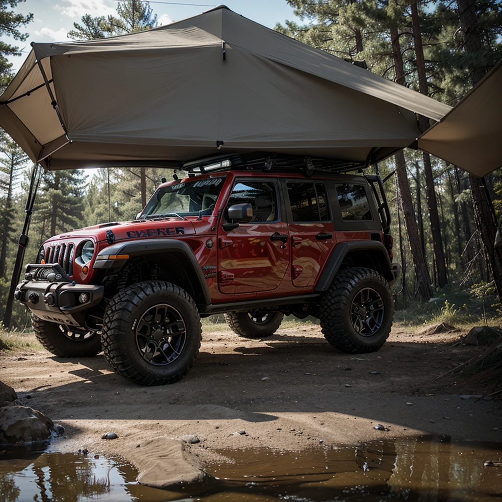 Jeep Rubicon 4x4, side of the car, offroad accesories, opened roof tent, red body, pearl lack, glass windows, camping, masterpiece, high quality, high resolution, Forza Horizon rendering, lights reflection, sharp focus, realistic photography, ultra realistic