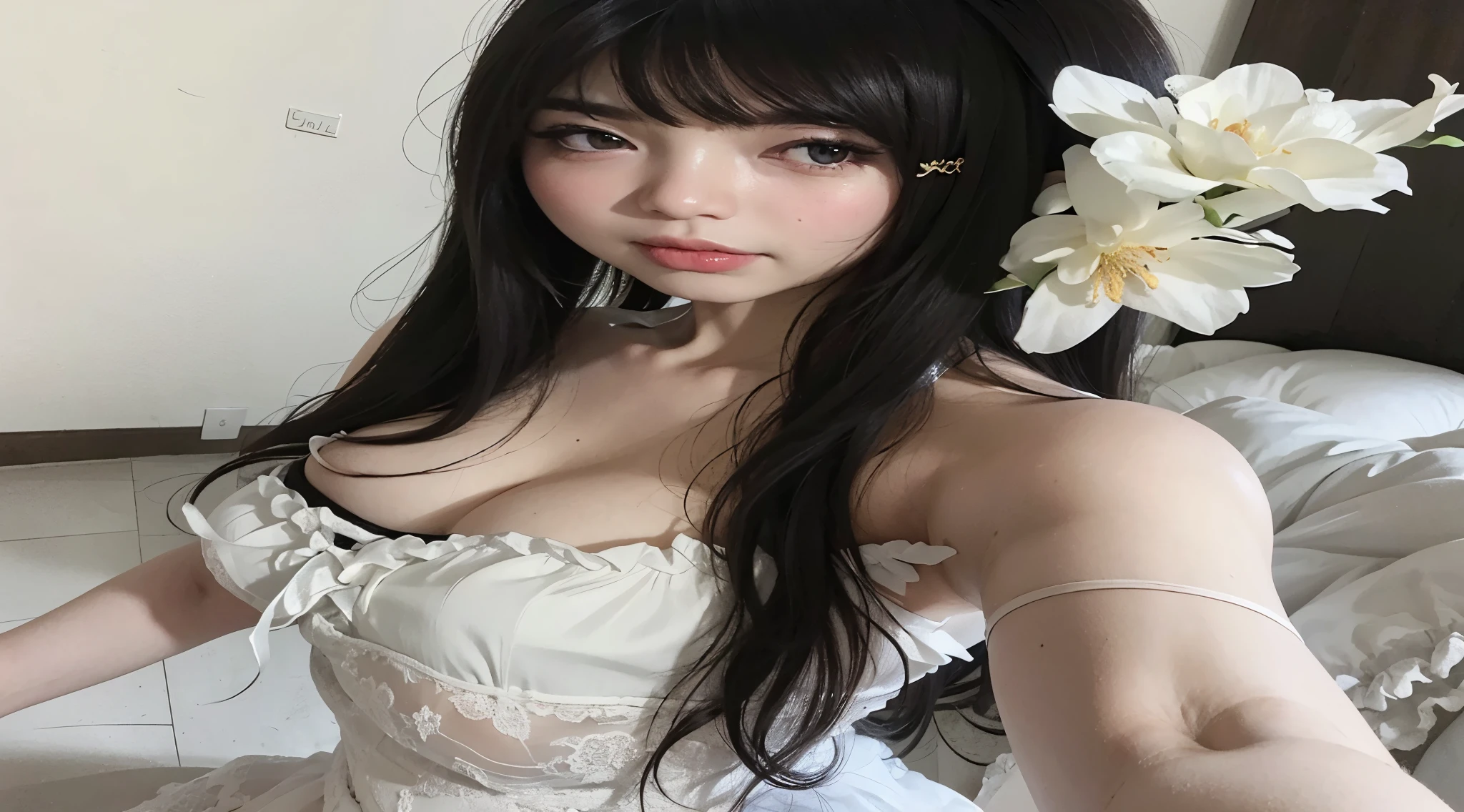 There's a woman in a white dress and a flower in her hair, garota de anime na vida real, Guweiz, deusa japonesa, Ulzzang, pale milky white porcelain skin, garota anime sedutora, pale porcelain white skin, beautiful asian girl, Sakimichan, com cabelos longos e olhos penetrantes, linda garota de anime, penteado com corte hime branco
