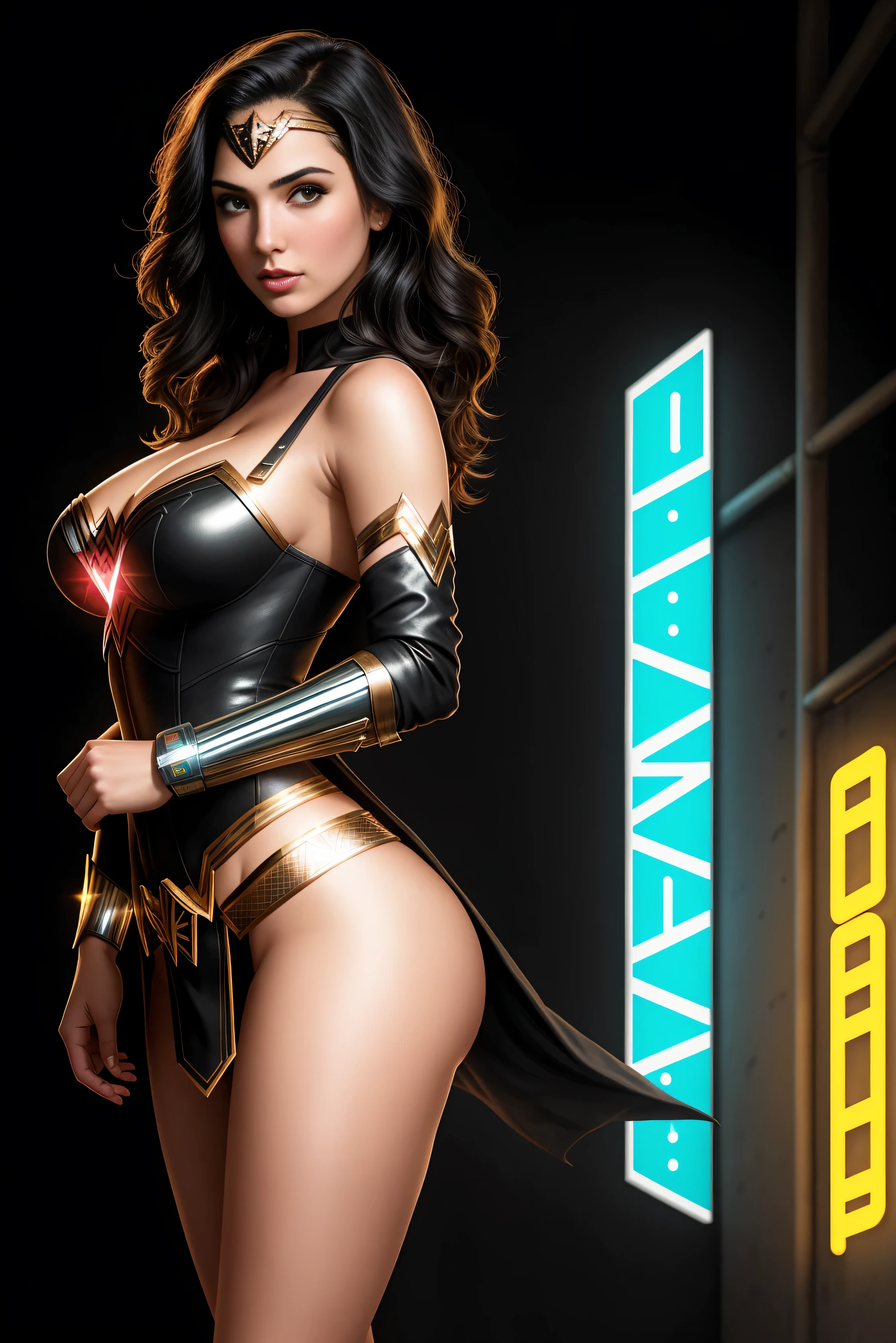 there is Gal Gadot as Wonder Woman standing, 3 d neon art of a womans body, neon-noir background, cyberpunk femme fatale, seductive cyberpunk dark fantasy, cyberpunk strip clubs, cyberpunk 20 y. o model girl, oppai cyberpunk, banner, high definition cgsociety, cgsociety masterpiece, trending on cgstation, kda, random hair, looking at camera, gigantic breasts, nice ass, cleavage, (high detailed skin:1.2), 8k uhd, dslr, super lighting, high quality, film grain, high res, highly detailed, hyper realistic, beautiful face, beautiful body, beautiful eyes nose lips, alluring expression, very bold, upper visible, full body photo, standing legs apart, pale translucent glowing skin, most beautiful face, cute, (well defined pubic hair:1.2)), (dark plain black background:1.4))