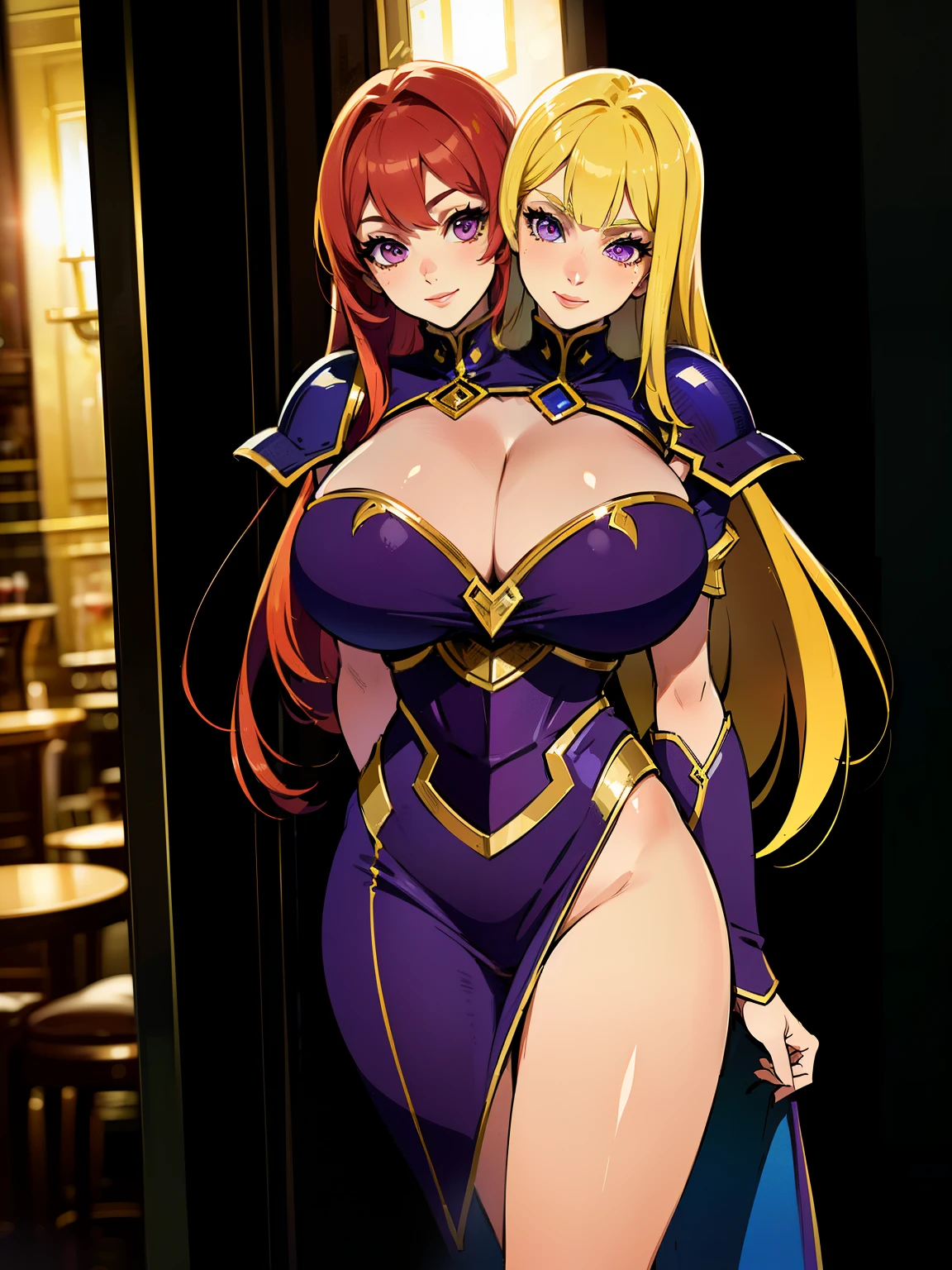 (masterpiece),(ultra-detailed), (high quality), (high resolution), (best quality:1.5, highres, UHD), highres, absurdo, ultra detail, ultra quality, ((2heads:1.5)), 1girl, (long hair), (red hair), yellow hair, , thighs, (purple armor), female warrior, insignia, (fully armored), (medieval outfit), armored breasts,d chest piece, gorgeous female knight, Guild Clothes with Armor, ((mature woman)),tive silhouette, smooth and lustrous skin, sexy prtions, slim le ((beautifully tall and slim woman)), futuristic city, gentle smile